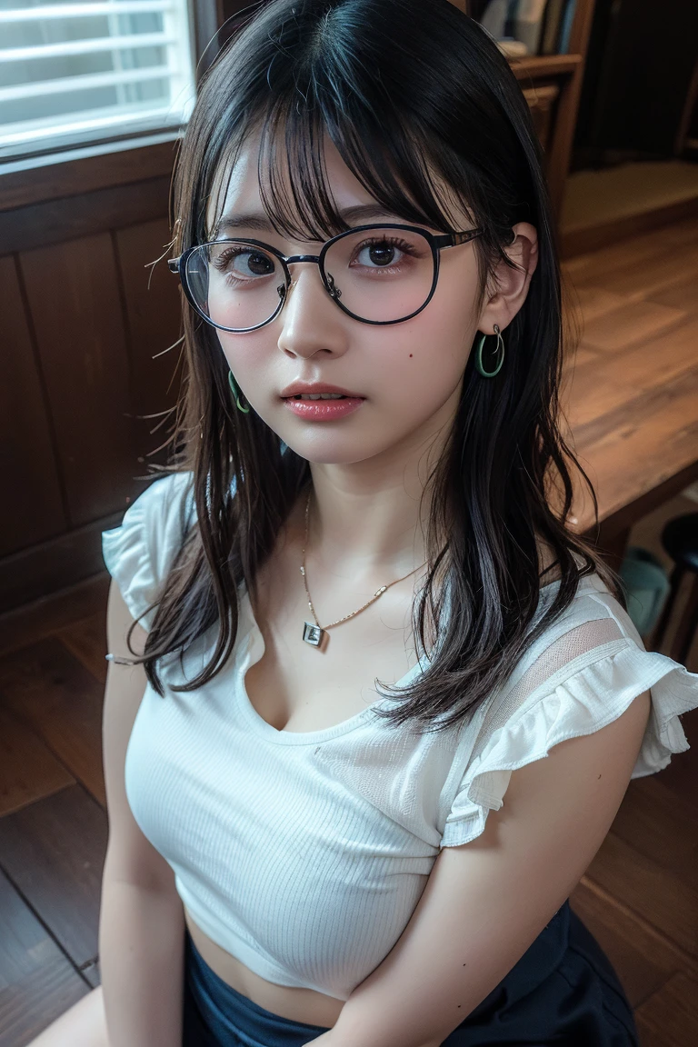 8K、Raw photography、top-quality、eye glassをかけている、Hair is braided、masterpiece、A beautiful woman with a round face wearing realistic glasses、Photorealsitic、メタルフレーム eye glass、 maid beauty、まるeye glass、A woman wearing a lilac crosslay poses on a street corner、1 persons、独奏、(huge tight cat litter、outside of house、sleeveless dresses、Luxury、eye glass、length hair、Beautiful detailed sky、earring beautiful、 Upper bust、cleavage of the breast、Soft lighting、the wind、shinny skin、Look at viewers