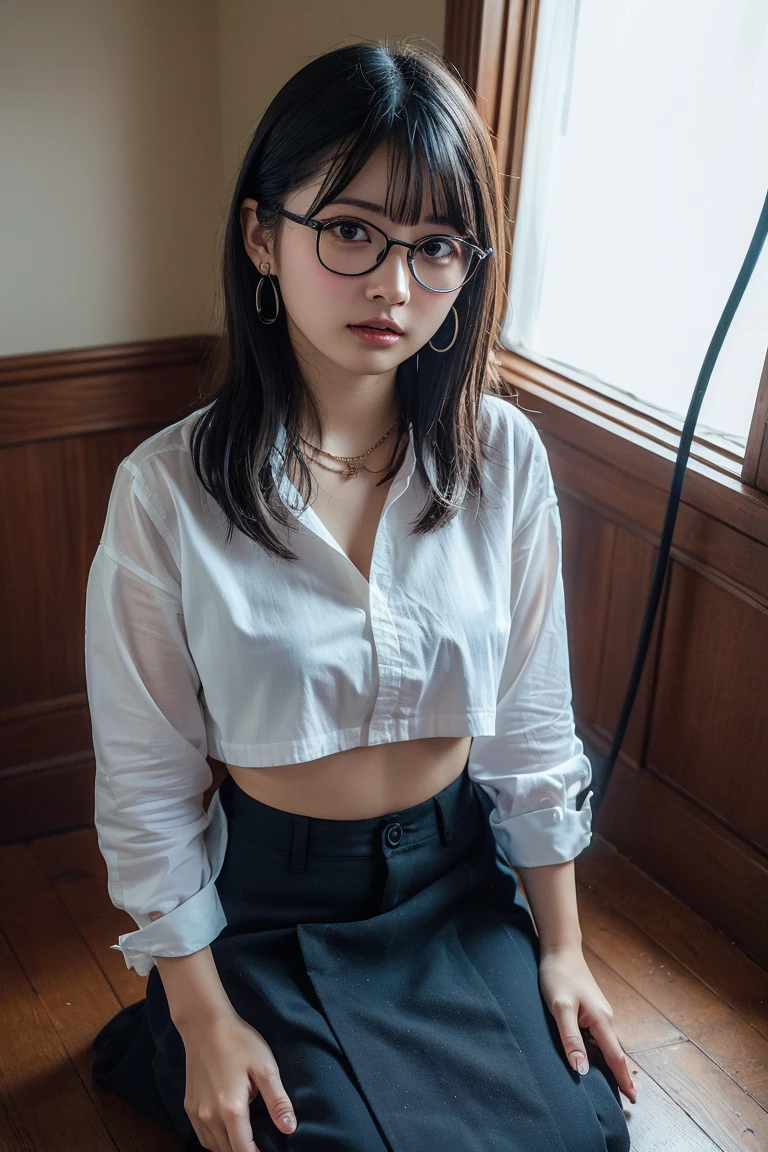 NSFW, (masterpiece, best quality, photo realistic:1.4), (shiny skin), (UHD, 8K wallpaper, High resolution), Perfect anatomy, Cinematic lighting, physically-based rendering, award-winning, extremely detailed skin, extra detailed face, eyes with beautiful details, Carl Zeiss 85 mm F/1.4, BREAK, (((1man and 1girl, having sex:1.5)), on the floor, BREAK, very cute 16-year-old schoolgirl, (pink wavy semi-long hair and bangs, glasses), small titts, (wet white school blouse unbuttoned, navy pleated skirt lift, black knee high socks, loafers:1.3), view from below, (naked:1.5), (flat chest:1.5), ,((1man and 1woman,having sex)), (short hair)