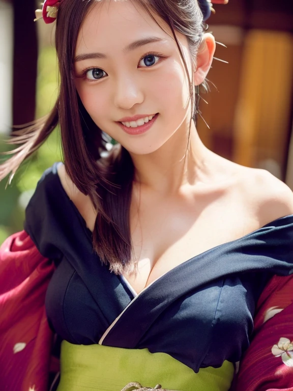 downbrouse、(((Realistic skin type、small tits)))、(leaning-forward:1.3)、(Extra large yukata、Loose yukata、Low-cut yukata:1.2)、(top-quality、8K、32K、​masterpiece)、(very detailed bra)、japanes、28 year old、Very pretty girl、a beauty girl、crouching down、Bright smile、outside of house、blurry backround、short-cut、Upper body close-up、Shot from above