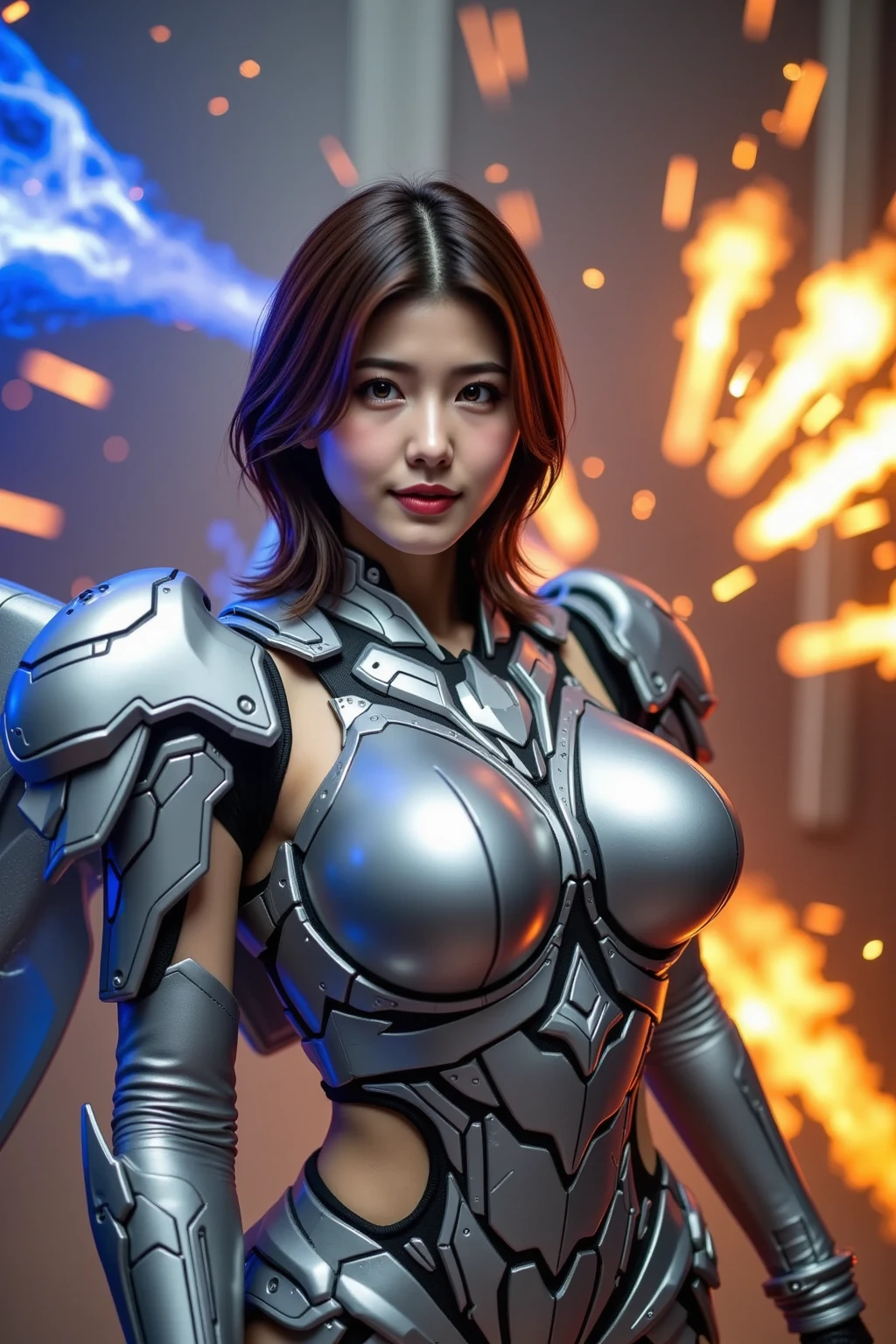 beautiful detail, best quality, 8k, highly detailed face and skin texture, high resolution, beautiful huge tits short hair asian girl in cyber bikini armor stand on street in city, full body, sharp focus