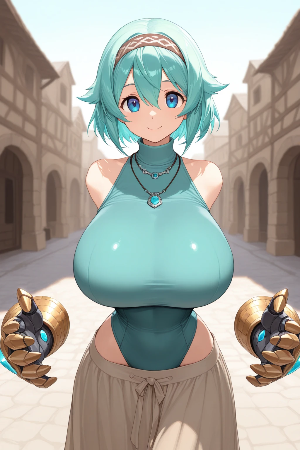 (Perfect body),Best Quality,(8K Portrait),(Official art)、((NSFW))、((Teenage female))、embarrassed from、1girl in,(:o)、One eye is closed、(blush),(Sweat),(((huge-breasted)))、((thick thighs))、((big butts))、((Silvery head hair)),(Blunt bangs)、((Short hair))、(((Sideburns braids)))、((blue eyess))、Cowboy Shot、Blue and yellow leotards、Black miniskirt、Black belt、White panty、Golden decoration、armor on the shoulders、Electronic space、Hands behind the head、Armpits、spreading legs