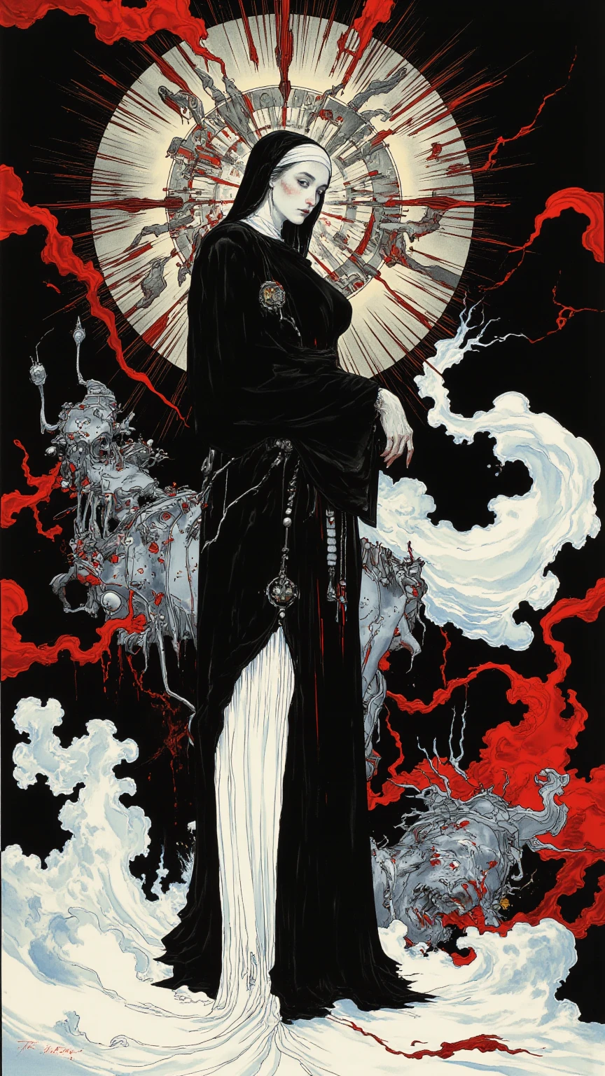 1 female,  Cyborg Kimono Tattoo Shadow Flat Black and Red
 (Dave McKean、Artwork in the style of Meobius Sam Bosma:1.5)