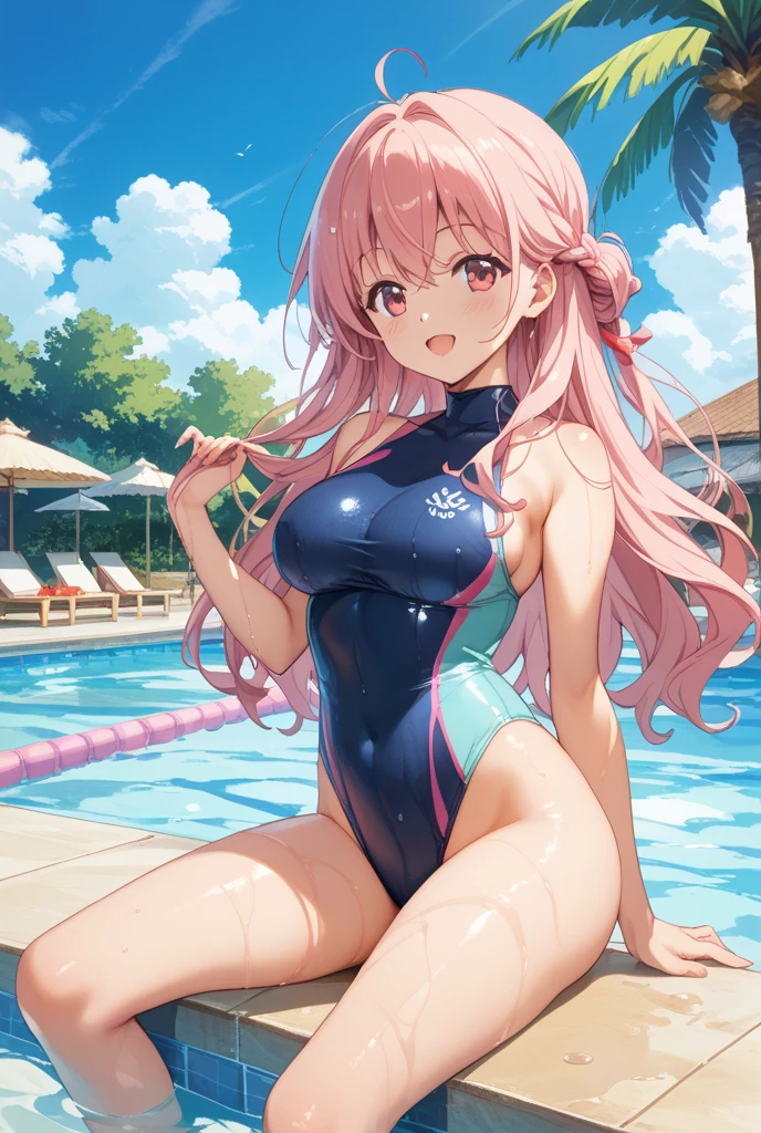 (masterpiece: 1.2), High resolution, highest quality, (leaning forward: 1.2), beautiful , athlete's body, thin, super detailed beautiful face, pink hair, Because I'm slender, glowing growing skin, provocative expression,1 girl, detailed hands, Dark blue one-piece swimsuit, (Wet and shiny detailed swimsuit: 1.3), tropical beach side, The whole body seen from below, flat chest that is still growing