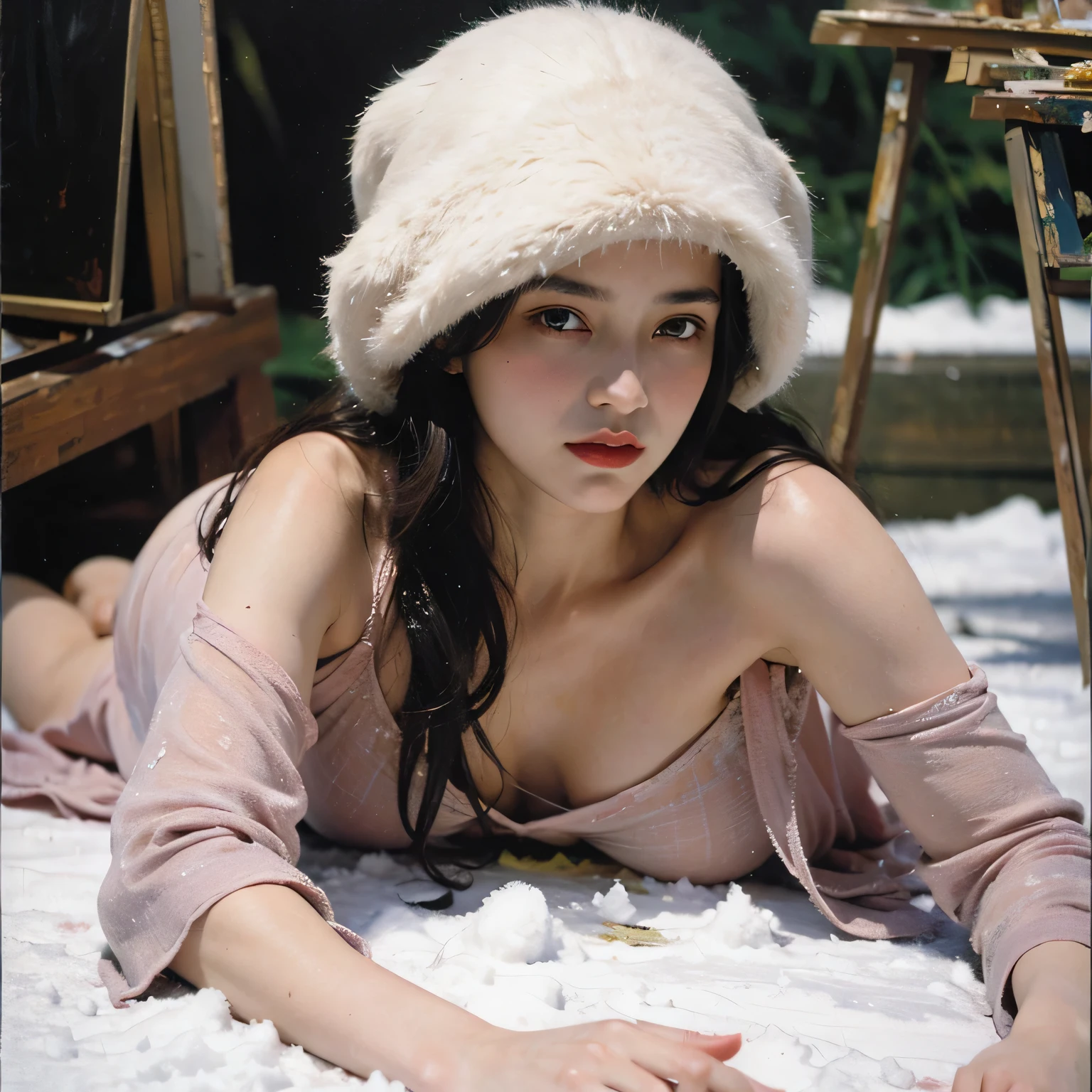 arafa image of a woman in a snow-white dress kneeling in the forest, portrait of Snow White,with black hair, White as the snow, pele White as the snow pálida, White as the snow como lutadora de d&d, in the style artgerm, pinup art, desenhada in the style artgerm , 4k hd. Snow-white hair, Estilo Ivan Talavera e Artgerm