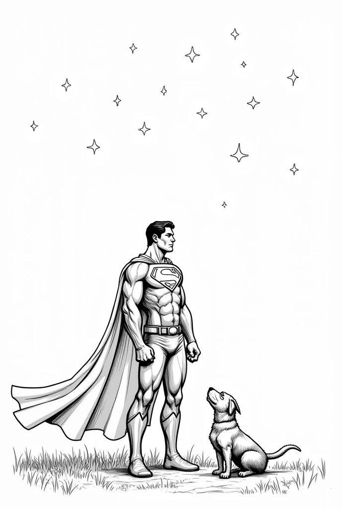 Create an illustration to color. coloring picture. imagem de Boken de ilustração. no shading. Superman praying, on your knees with your eyes closed. Full-body image. white background, with nothing. Imagem uncoloredes, disney pixar style drawing. Masterpiece artwork, best qualityer, hight contrast, uncolored, Boken , style cartoon, Sketch style, black and white without shading, uncolored, no shadow, style cartoon, line art,