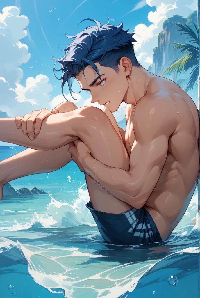 Hombre, muscular, cabello rubio , pello en el pecho, cicatrices, en la playa