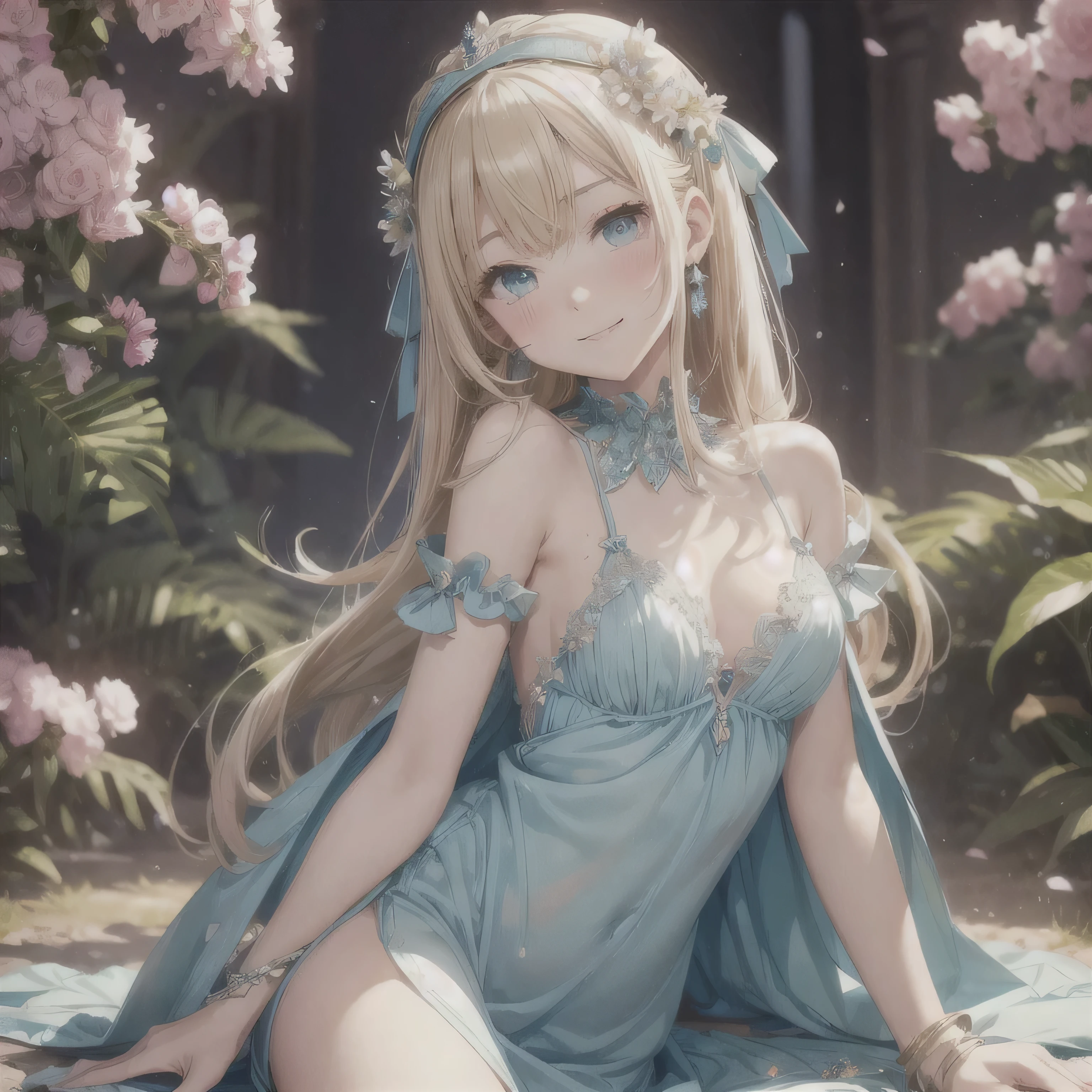 character \(series\)、 break、 lora:riesz1-000014:1、 break、masterpiece、highest quality、detailed、cute、cute、beautiful、Exquisite、disorganized、high resolution、(precise fingertips、precise toes、 
break、
dutch angle shot、head shot、on left、hoot from above、
break、
open towel、
break、
late night、Hinoki bath、countryside、(sitting：1.3)、(Forehead jewel 1cm：2)、stretching legs、legs open、cheeks flushed、naked、Immersed in hot spring water、happy face、(The underwear is slightly visible：1.3)、Colored inner hair 、(Adorable, sparkling, beautiful jade green eyes：1.4)、toned body、thin thighs、slender、(Clothes that fit snugly against the body：1.4)、Wrinkles in clothes around the waist、(Clothes get wet and see-through:1.4)、damp hair、beautiful breasts、D cup、20-year-old、10 years old 、red nail polish、beautiful、cell anime、main artwork、hard edge、A lush garden reminiscent of a primeval forest、abandoned village、outdoor、It&#39;s open