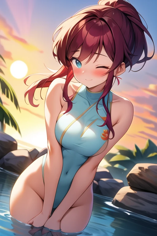 Anime style. She is a warrior. Her hair are very short. A young woman with very short, bob cut, slightly wavy red hair and captivating purple eyes, depicted in a detailed anime style. She has a slim, athletic build and an alluring, slightly shy expression. She has no dress and fully naked and very erotic. Only paper tape can hide her breast. She stands in a suggestive pose. She has strong athletic body with six pack. She stands in the water