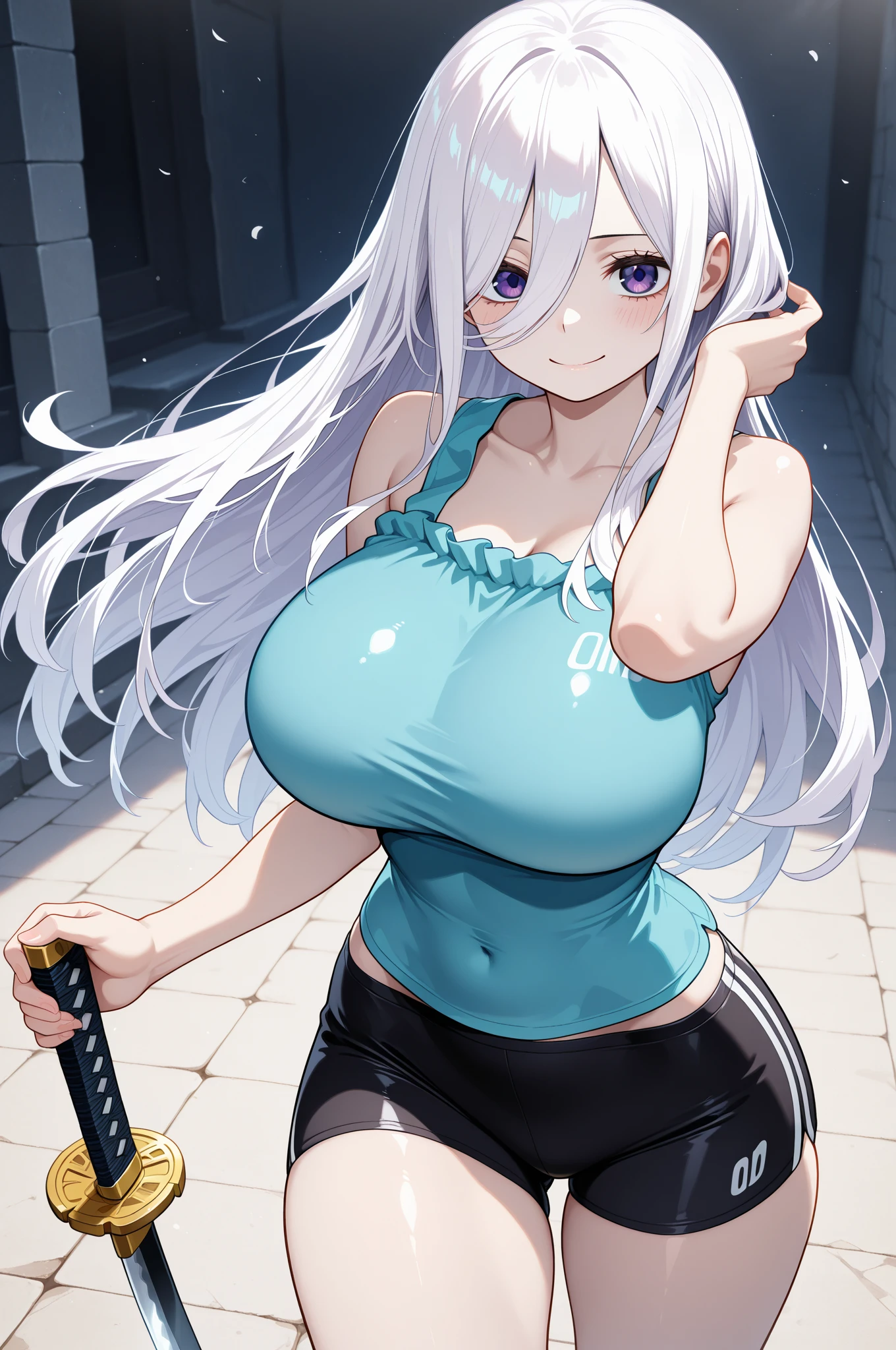 (((masterpiece))), ShizukaMikazuki, One Girl, alone, Make eye contact,Long Hair, Gray Hair, Long sleeve, Huge breasts,Cleavage, Large Breasts, Mature Body,clavicle, Jacket, Open clothes, open Jacket, blue hoodie, Play sports often, blue eyes,Earrings ,Choker with charm,Sweat,High Ponytail,A troubled and embarrassed face,Thick lips,Increase breast size, Make the face a little smaller,Abdominal muscles,Black sports bra,Black hot pants,,dusk park, arms behind head