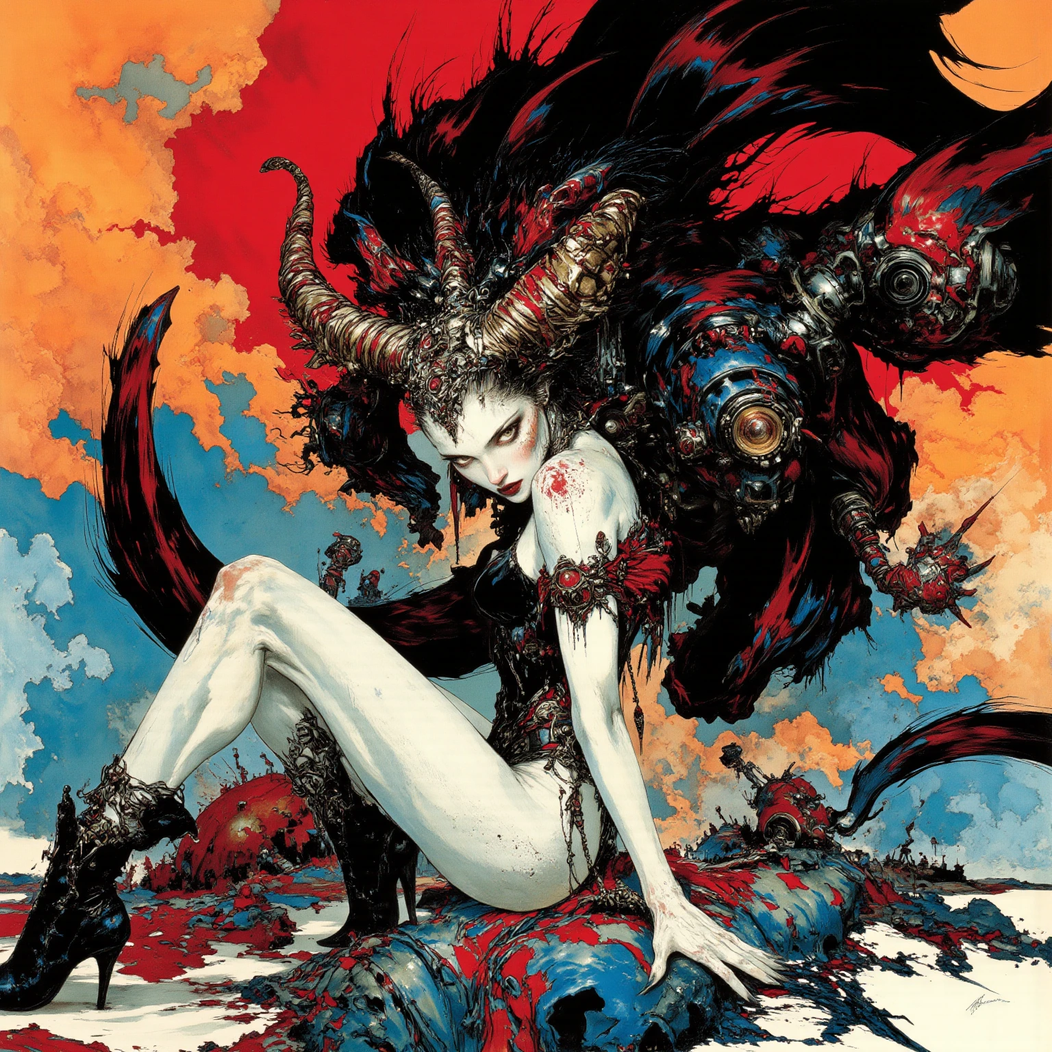 <lora:Wu Guanzhong Style:1>,  <lora:V1nt4geKn0ck3rs_v2:1.0>, Wu Guanzhong Style, high quality, high resolution, masterpiece,  looking at viewer, complex painting with multiple perspectives, apocalypse, black plague, dystopia, extreme violence, fractals, evil girl with horns with big breasts, latex body suit, tsunami, [laughing], whipping thousand of miserable men, on top of a pile of gold, terminators, nuclear bomb in the background,  the world is on fire, the devil is watching in the sky, piles of money, mascara, earings,   V1nt4geKn0ck3rs