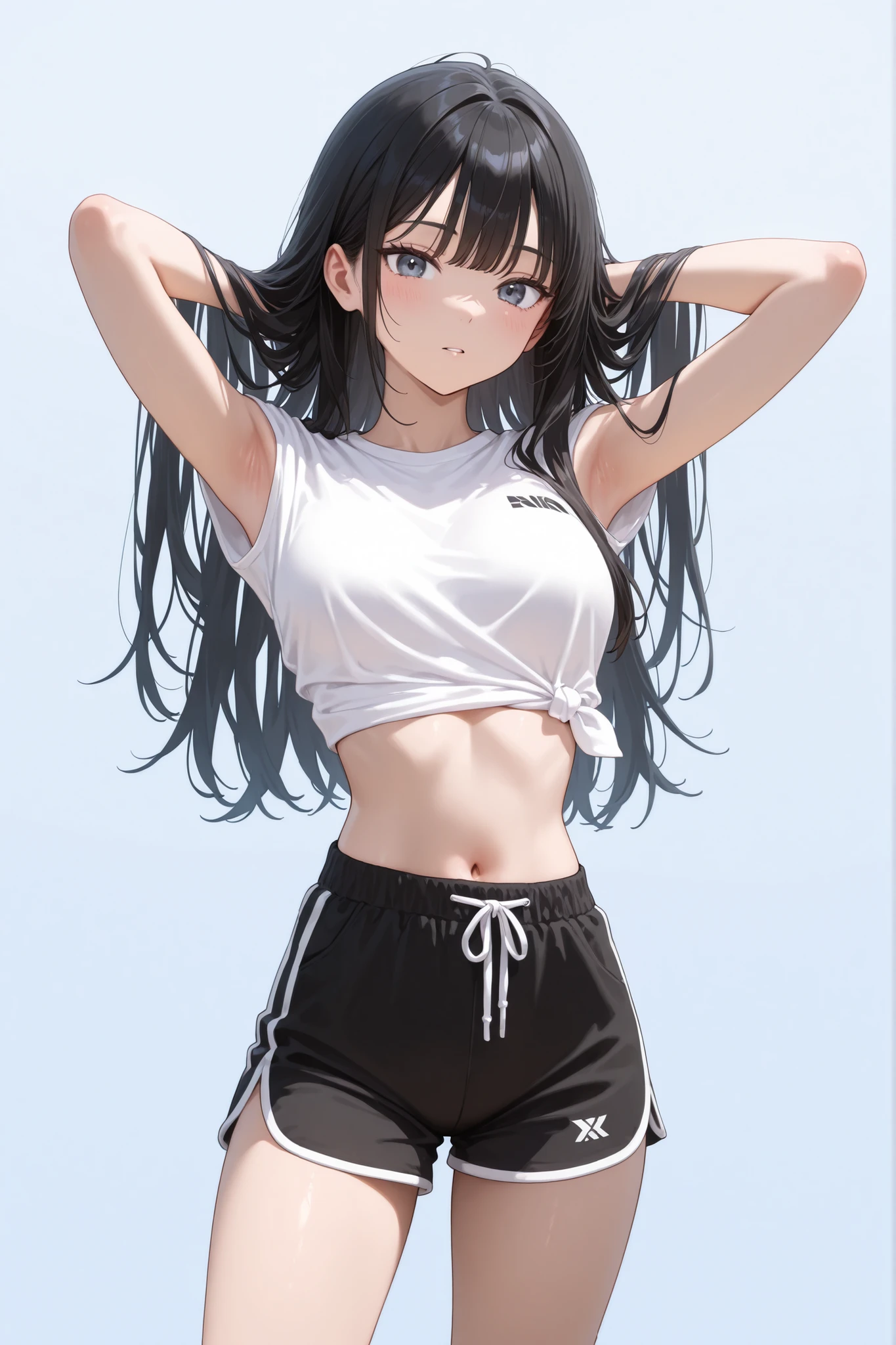 young girl, Long black hair, Brown eyes, tshirt, briefs, combat stance, anger, Masterpiece, hiquality