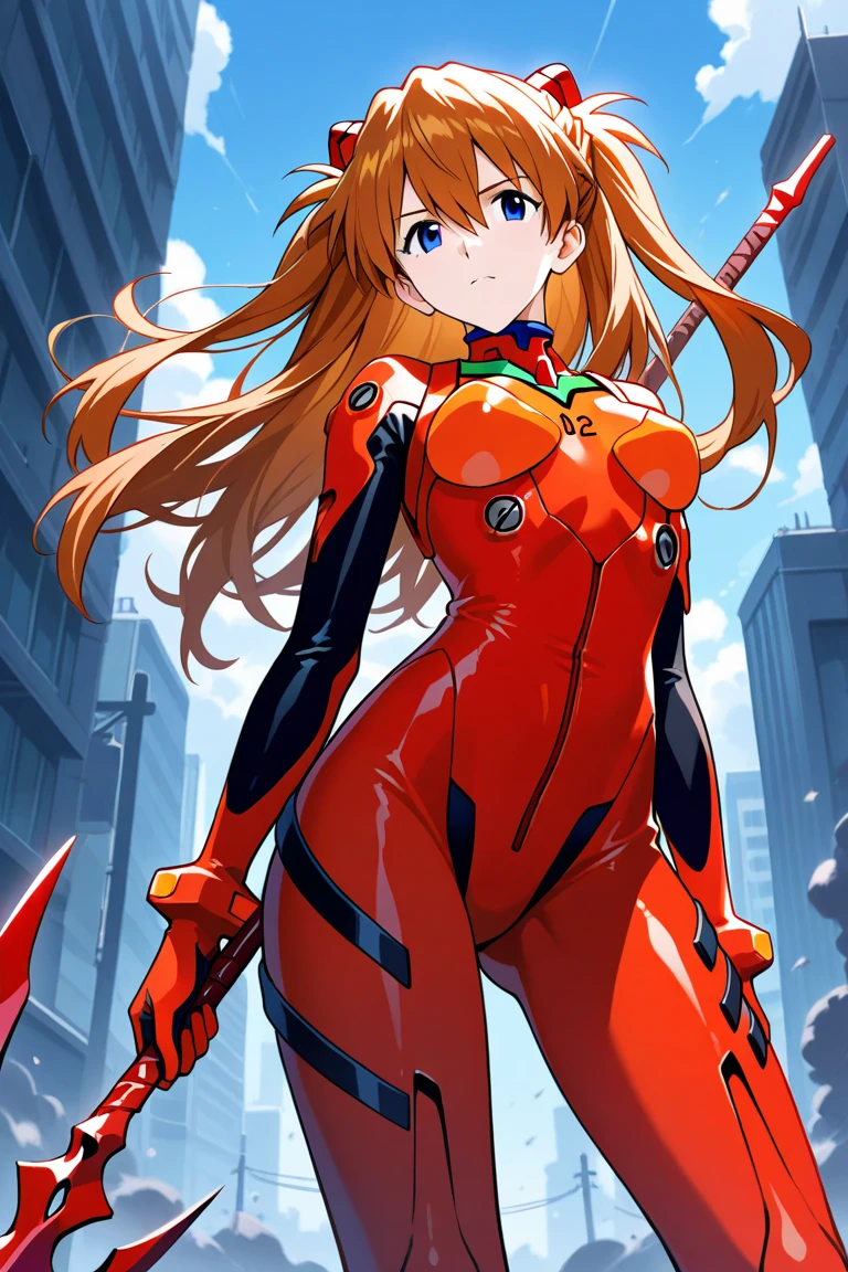 (masterpiece, best quality:1.15), 1girl, solo, fairyland, (asuka langley:1.1), from the anime series neon genesis evangelion, fiery and bold, vibrant red hair, medium length with twin tails, stylish red and white pilot suit, futuristic urban skyline, confidently standing with hands on hips, determined expression, piercing blue eyes, eva-02 unit in the background, fierce and intense
