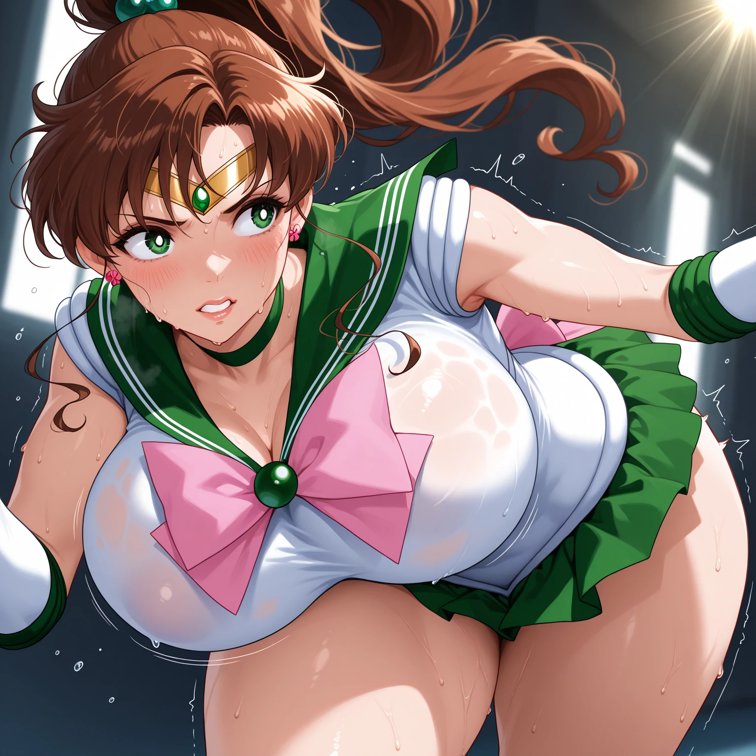 masterpiece, Highest quality, High resolution, (Sailor Jupiter),1990s \(style\),、(E-cup beautiful breasts)、tall、Sweating all over the body、vapor、Beautiful big breasts、Muscular、sexy、A face writhing in pleasure、The whole body is covered in sex fluids、Sweaty、Configuration from the front、Open your mouth and stick out your tongue、Semen splattered on face、Anime-style painting style,Brown Hair、ponytail、Focus on bust enhancement
