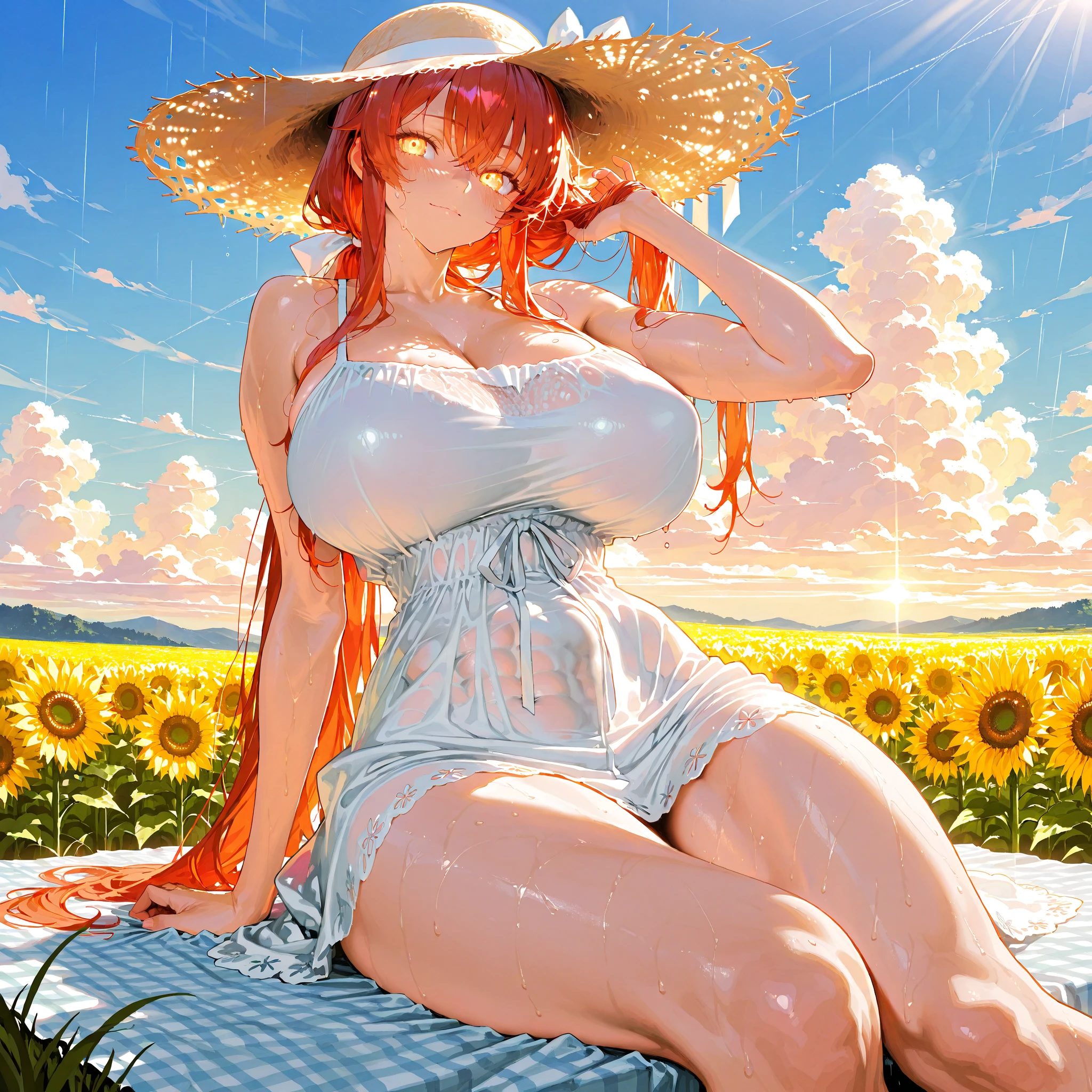 (masterpiece, best quality:1.3)
DOAHonoka, 1girl, solo, long hair, pink hair, sitting in a sunflower field, smiling, sunlight