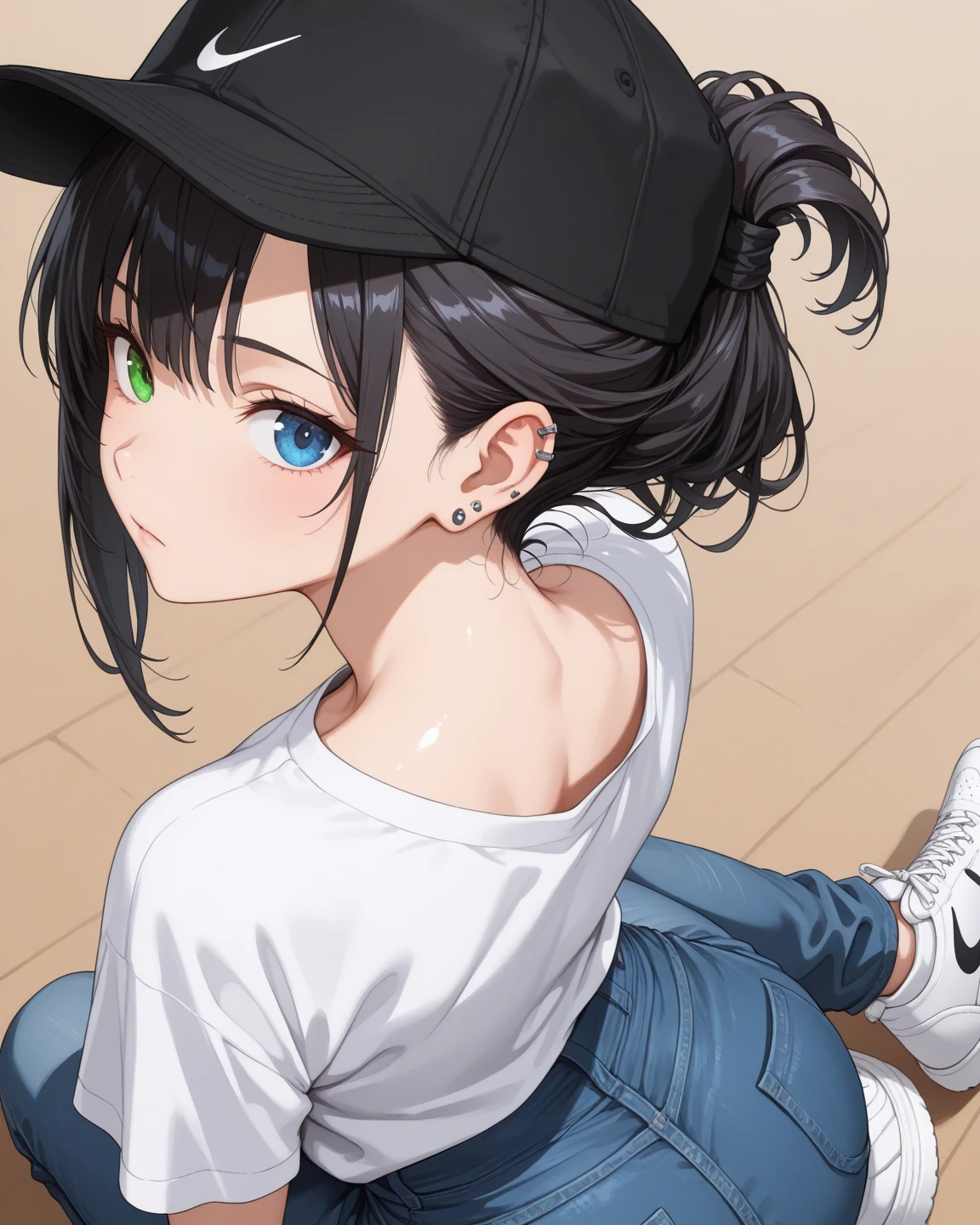 solo,upperbody,dark brown thin straight hair,big forehead,Russian、Eyelashes、Beautiful Face、Black T-shirt、skinny pants、Slim Style、Good taste、smile、simple background