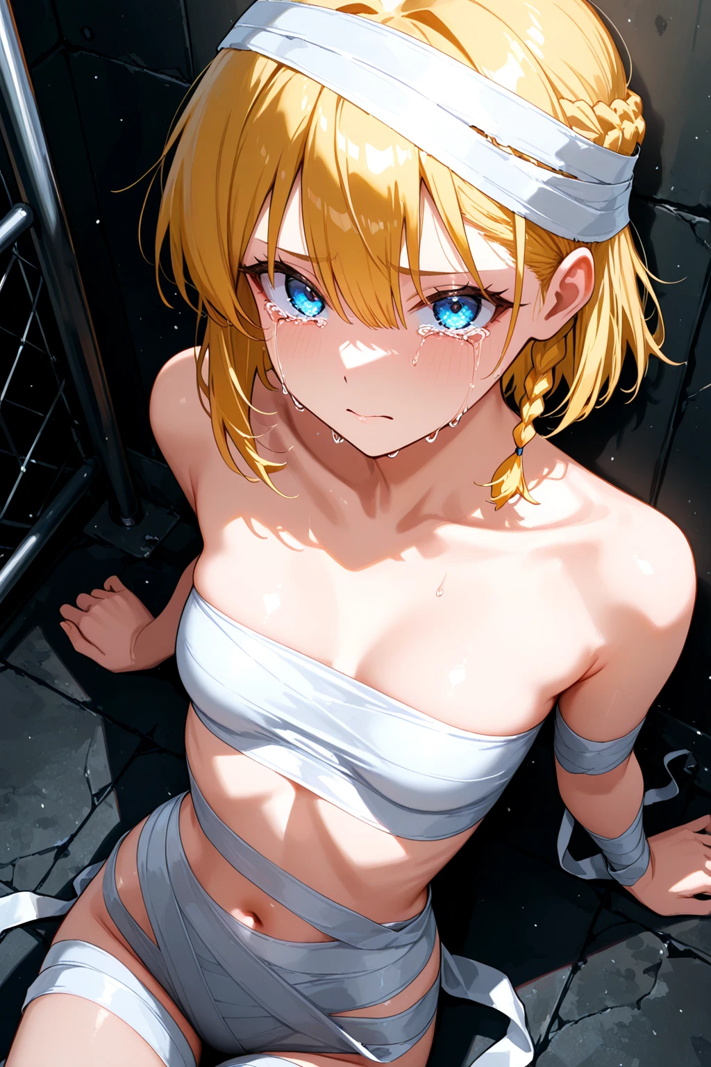Power Girl, natural lighting, masterpiece, highly detailed, illustration, game CG, absurdres, high quality, aichan, beautifully detailed eyes, large breasts, makeup, glossy lips, full lips, scared, (tears, crying), (quicksand:1.3), Power Girl, Power Girl is nude, Power Girl has big ass, Power Girl has large breast, (tape gag), (tape bound), (arms bound), partially submerged