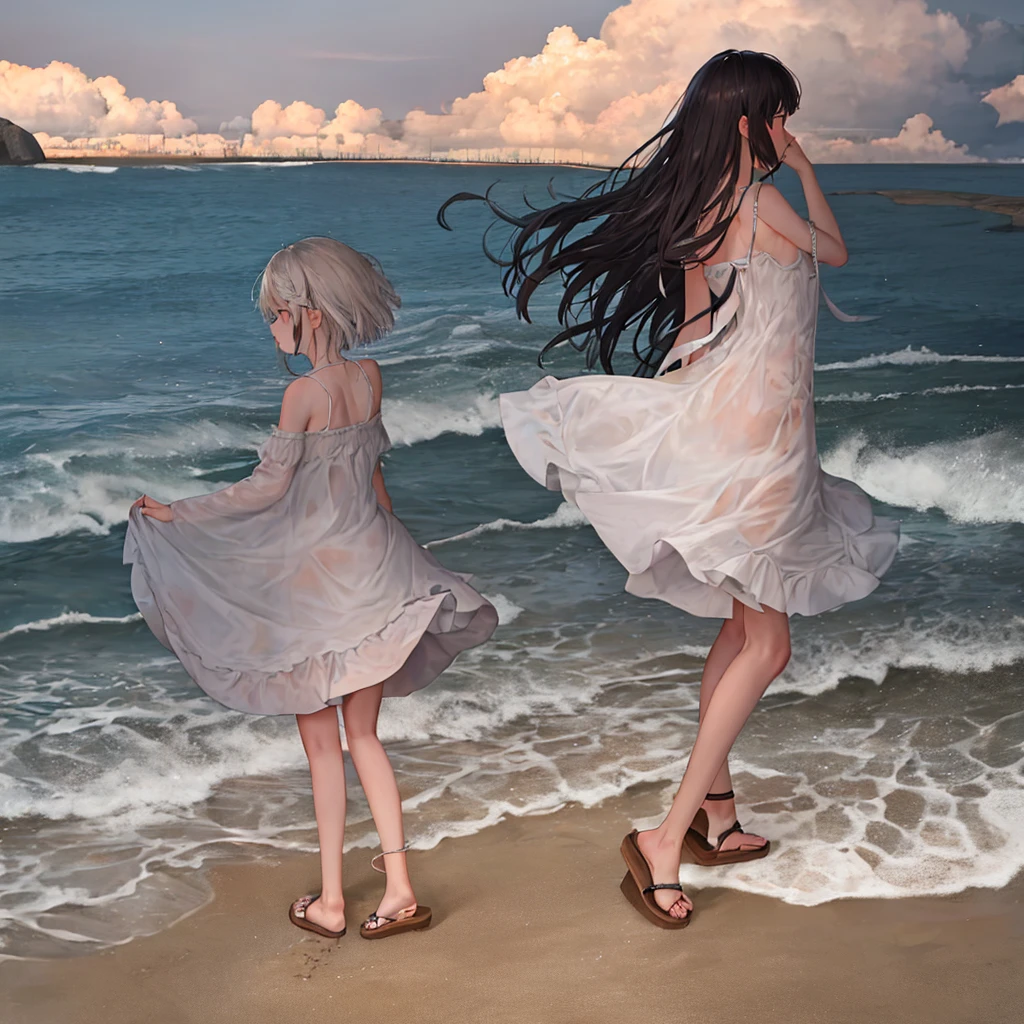 alone in the universe, Paint in watercolor style, Photorealism, discreet golden and ruby and mint shades, two (nudes) gentle, modest thin girls of 16 years old with tender nipples walk barefoot in the distance along the coast