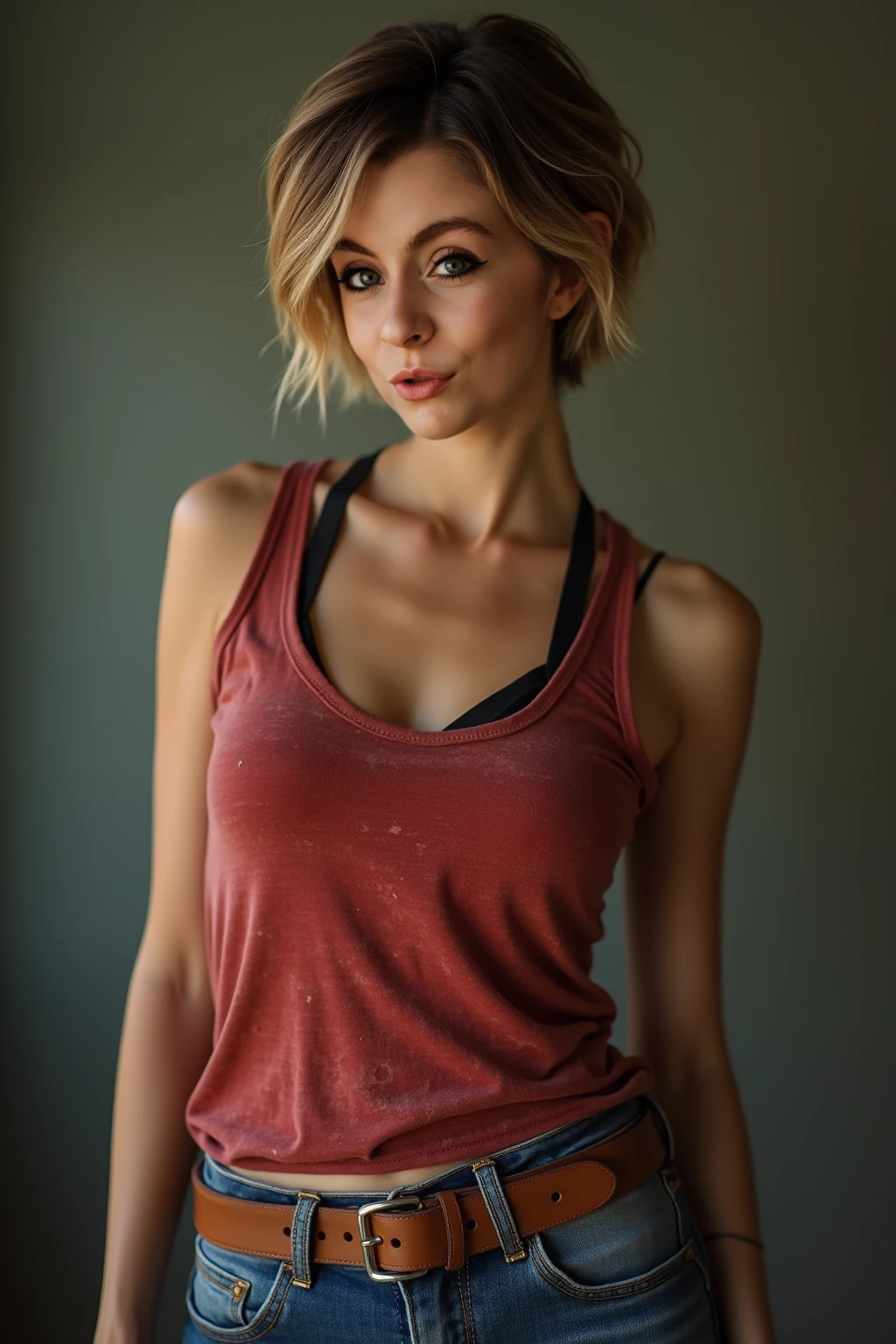 8k closeup portrait photo of st33dl3 with short bob haircut and straight hair wearing a camouflage yoga outfit, studio lighting