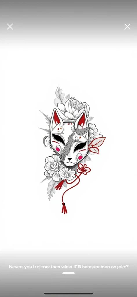 um desenho de um gato com uma espada e flores sobre ele, design de tatuagem conceitual, tattoo design sketch, design de tatuagem, kitsune mask, kitsune mask on head, japanese art style, tattoo sketch, colorful illustration for tattoo, por Puru, with kitsune mask, tattoo sketches, tatuagens neotradicionais, art deco flower shaman, Kitsune