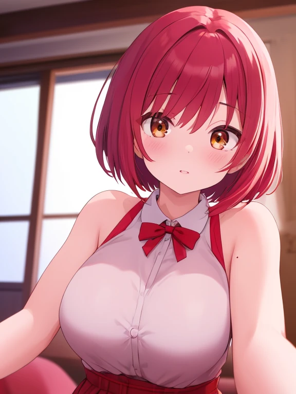 high quality、high resolution、High Depiction、Inside the inn、One Woman、Wearing sleeveless knitwear、((The woman is having sex in the cowgirl position)、Mole around the eye、Are fat(1.6)、Wet(1.4)、Drooping eyes(1.9)、The corners of the eyes are fished out.、Crimson eyes、Saggy breasts(1.9),Big Breasts(1.9)、Long Breasts(1.9)、Breasts are shaking violently up and down、Oil-colored hair(Straight Hair、short hair、Bowl Cut、slippery head、Wetた Hair、Silky Hair)、(Extends to the eyes,前髪Bowl Cut))、With a smug look on his face and his eyes half closed、(((Angle from the feet))) (((One Black Man)))、(Big penis in pussy)、(A man is having sex standing up)
