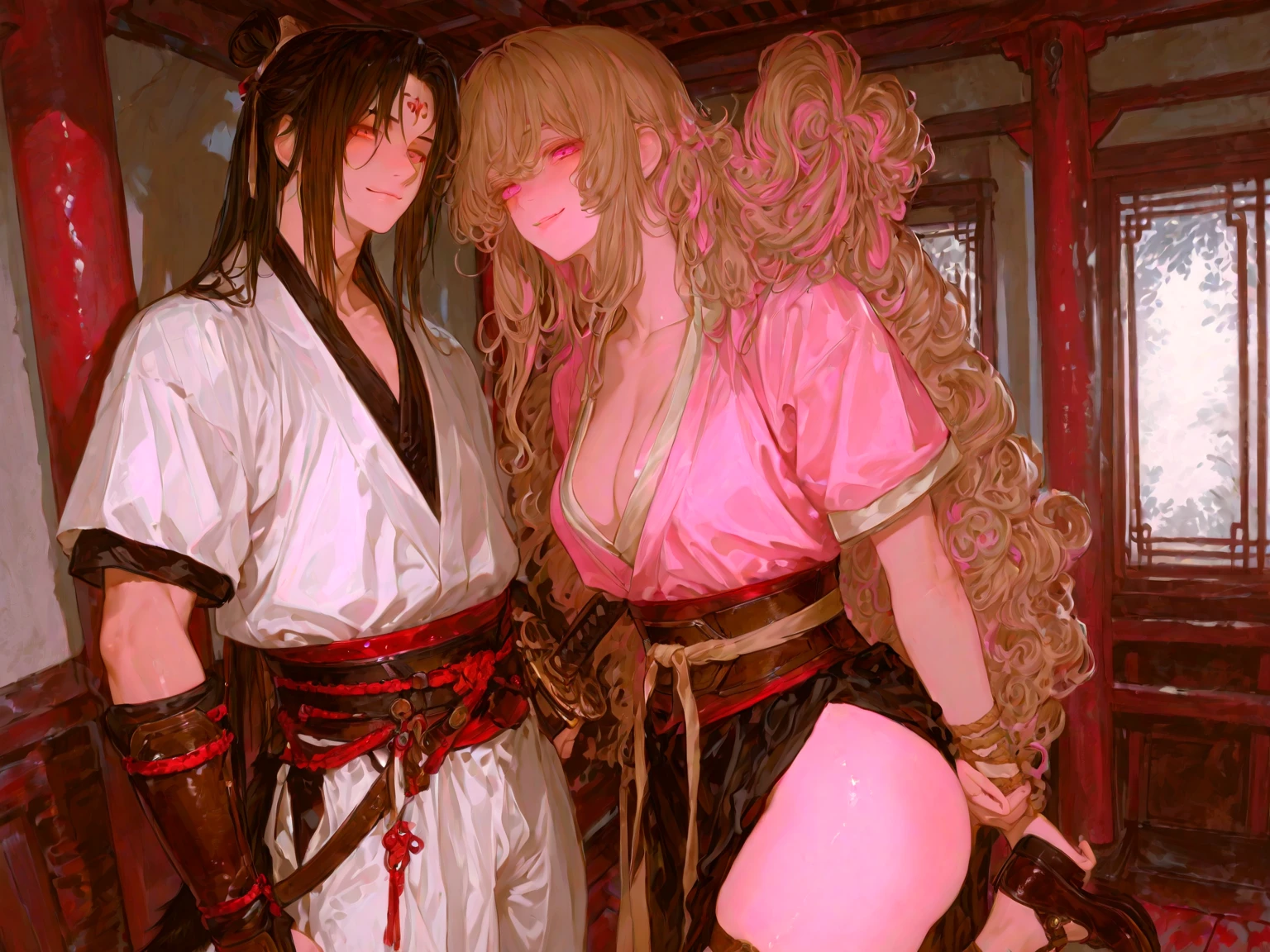 Muscular Handsome European ( tall&==((short-haired))) shirtless barbarian man with beard absolutely surrounded and being hugged and touched by (((three))) sexy women harem girlfriends bitches feeling his muscles and groin, women: long Flowing voluminous hair And curvy bodies with wide hips and nice asses, women wearing robes with shoulders draped on shoulders , nobody looks identical, each person has a unique hair color and race and skin color, three of the hottest women to ever live loving this man, the three women share him as a boyfriend and enjoy helping him feel pleasure together, there are so many gorgeous women are here around this one man, they are desperately close to each other, expressions of ecstasy and joy and love on their faces, wrestling , hugging, tackling, massaging, grinding, Flirtatious, lounging in the fancy bedroom of a fantasy castle with windows, night and snowy winter outside, romantic candlelight that glows, worshipping him, sexual, kissing, sexualized positions, glowing glistening wet skin, tattoos, , jewelry, faces of laughter and happiness and pleasure and joy, pressing themselves together, romance novel cover poses, women competing for attention , if one woman is to his right then one women must be to his left and one woman behind him, full body shot, (((ONLY ONE MAN))), orgy, if one woman has dark hair then the second one must have red hair and the third have blonde hair. If one has light skin then the next women must e dark skin. If one is European than the other must be Asian and the third one is Nordic and the fourth is African, everybody looks into another person's eyes, some women face Forward while other's face sideways and others face behind but all of them are facing the man, faces of satisfaction, cinematic 4k RAW photograph with bokeh and raytracing and depth of girls and subsurface scattering and gorgeous lighting and colors, masterpiece worthy of a museum