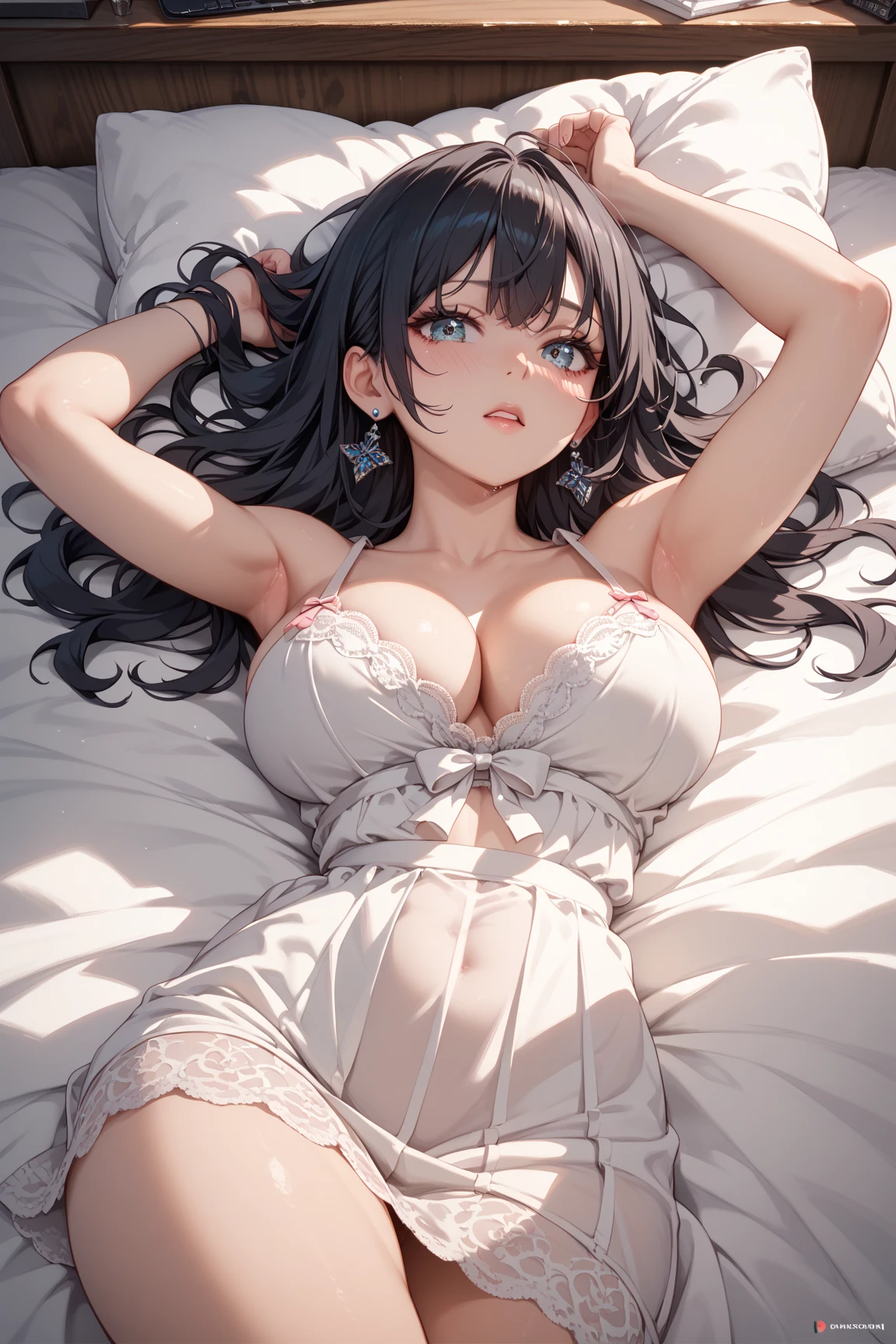 (masterpiece:1.3),(最high quality:1.4),(Very detailedな:1.5),High resolution,Very detailed,8k,artwork,High level of detail,rendering,high quality,Wide range of colors,(Anime Women),(Clasp your hands behind your back)、Black Hair、Attractive breasts、Beautiful and attractive anime women, Enchanting anime girl,Slippery、black eye、beautiful girl、、quiet、Inconspicuous、White See-Through Tank Top、shaving、Beautiful Skin、bed、(On the neck)tattoo、big hoop earrings、(On the stomach)tattoo、Short Bob、Provocative、Looking down from above
