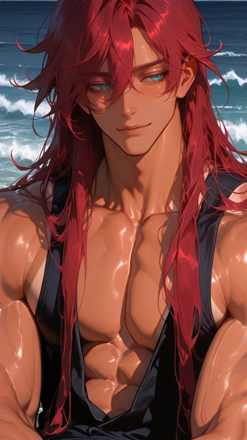 1male, Young Adult, Dark Red Hair, Light Pink Hair, ,Muscular, Curly Hair, Long Hair, Two Toned Hair, Sunglasses, Magenta Colored Eyes, Smirk, Standing On Beach