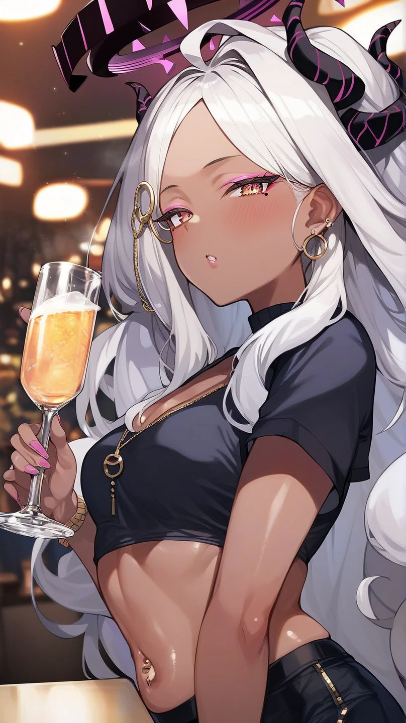 Score_9, score_8_up, score_7_up, source_anime, solo, 1girl, mature female, hina_\(blue_archive\), horns, halo, silver hair, parted bangs, small breast, long eyelashes, Gyaru, dark skin, dark-skinned female, makeup, pink eyeshadow, parted lips, piercings, tanned skin, shiny skin, metallic tan, BRAKE crop top, short sleeves, posing in bar, drinking glass, drunk, light blush, dim lighting