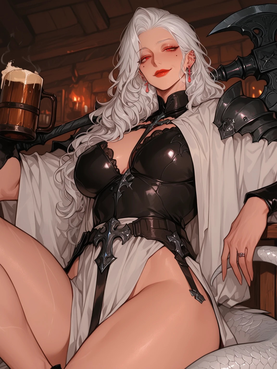 A white haired wolf woman with green eyes and white wolf ears and a white wolf tail in a pirate's outfit is eating dinner atavern with a big smile