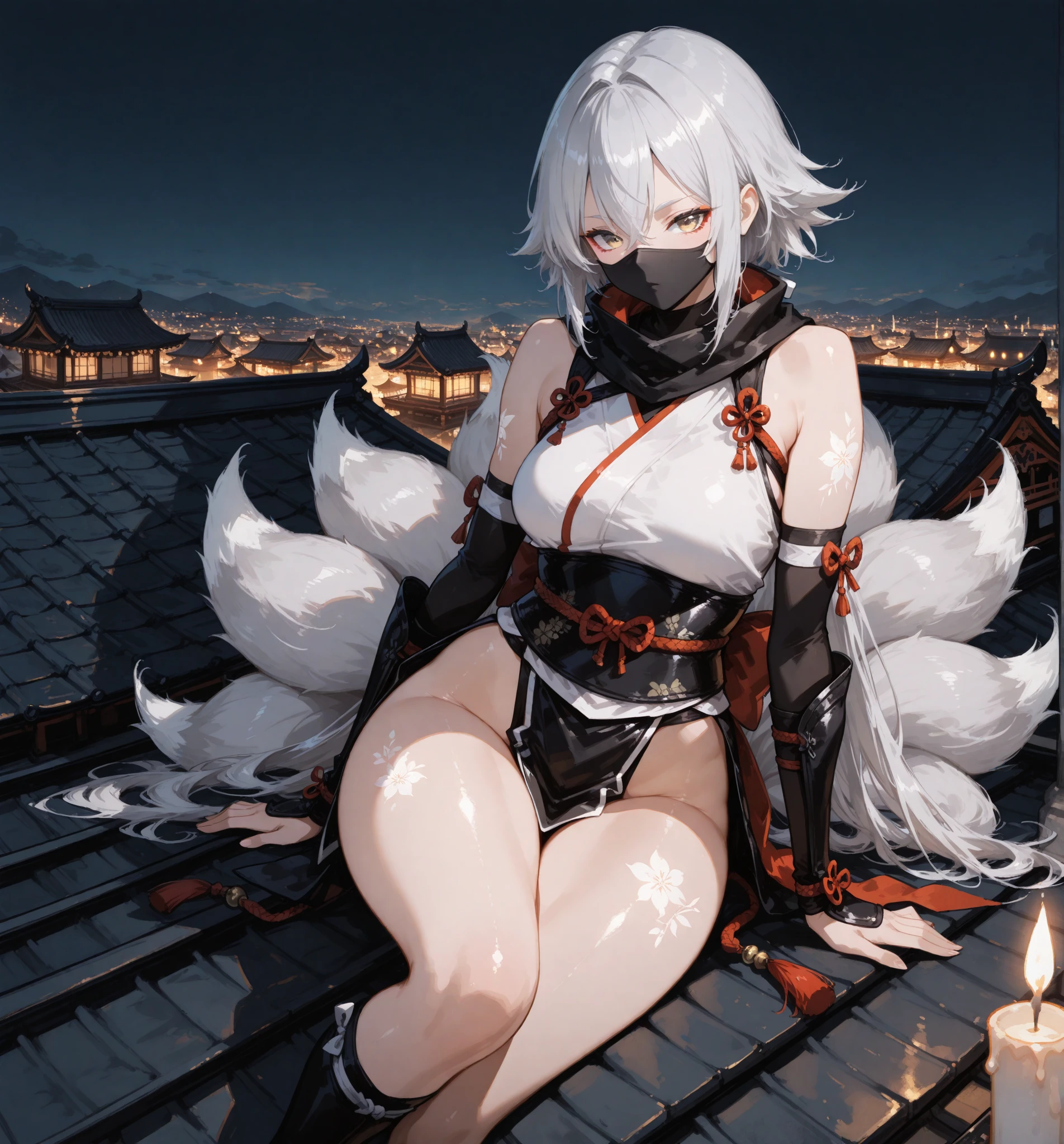 ((Masterpiece)), (Best Quality), Solo, miosha1, hair ornament, ponytail, wolf tail, swimsuit, white shorts, thigh strap, black jacket, leaf print, collar, string bikini, (NSFW:2.0)