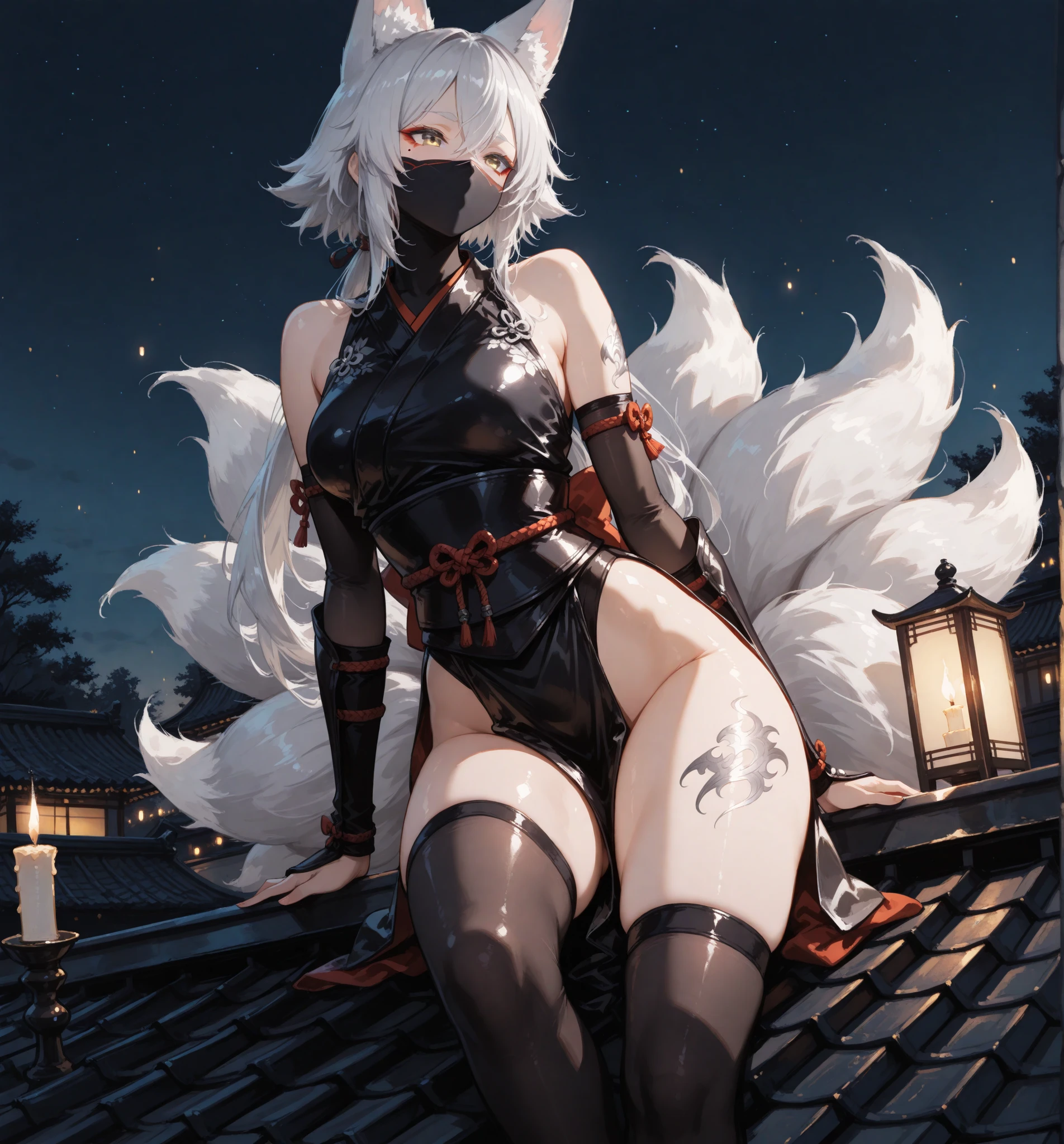 cute beastman、Brainwashed、female、Glowing pink eyes、Fall into Darkness、short hair、White Hair、Large breasts、Dark Element Costume、underground、Training Room、Fox Ears、big tail、whole body、sit down