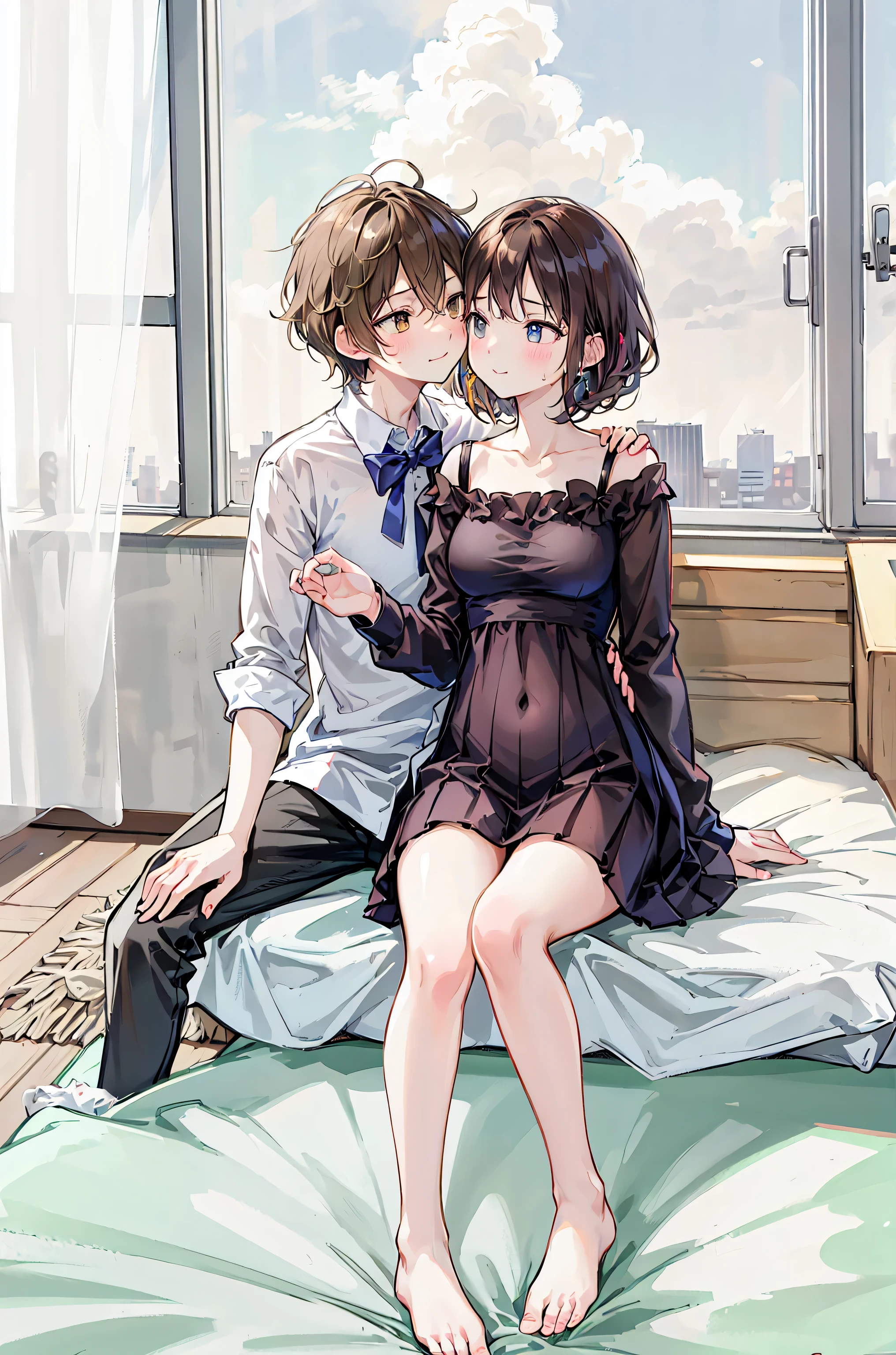 Couple in their 20ale1名, woman1名、Both men and women should wear casual attire.、Shiny atmosphere、woman（Medium long brown hair）close ~ eye、Sweet Sigh、male（Black Short Hair、右手をwomanの頬に当てる）tightly close your eye、With background（room、sofa）、The night deepens、dark、Anatomically correct limbs、The girl is a little thin，fun，Ideal couple，