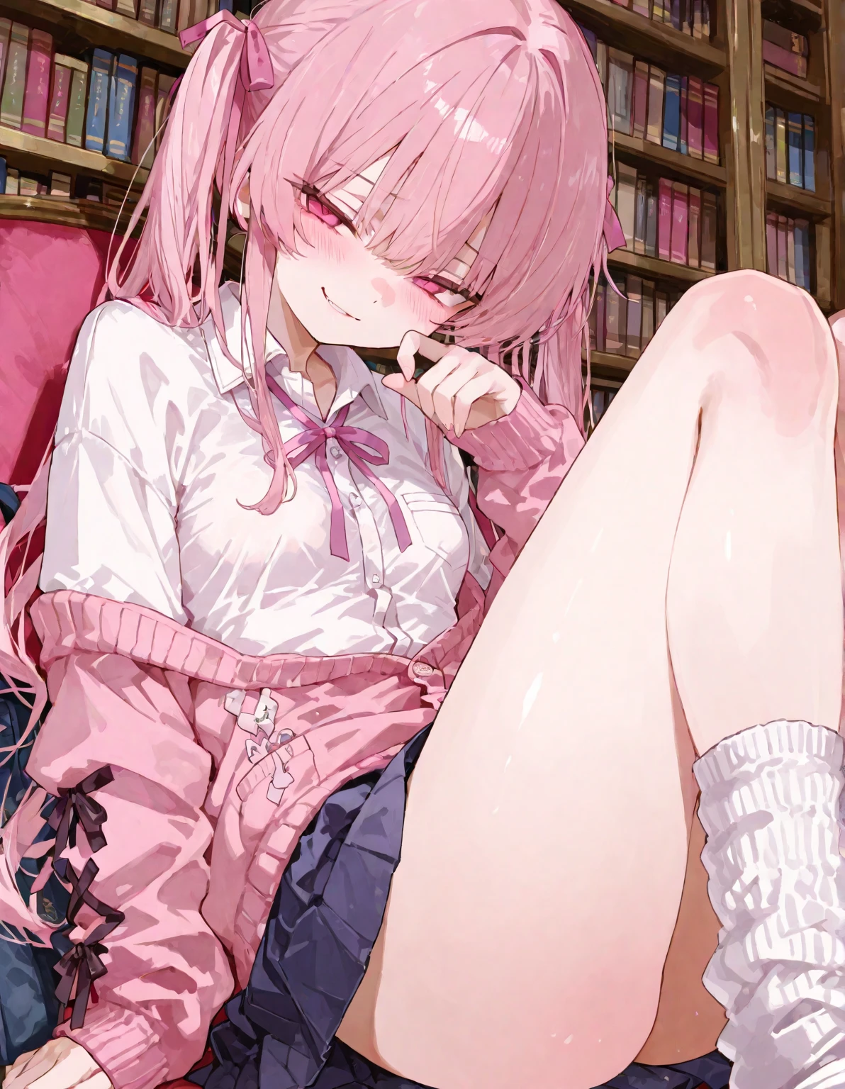 Clear painting style、beautiful girl、16 years old、Girly Hair、Pink Room、Girly Fashion、Pleated skirt、Knee socks、Highest quality, smile,Lie down with your legs spread、girly panties、Girly Bra、Sweaty crotch、Low Angle、Cowboy Shot、Put your hands on your bra、A seductive smile