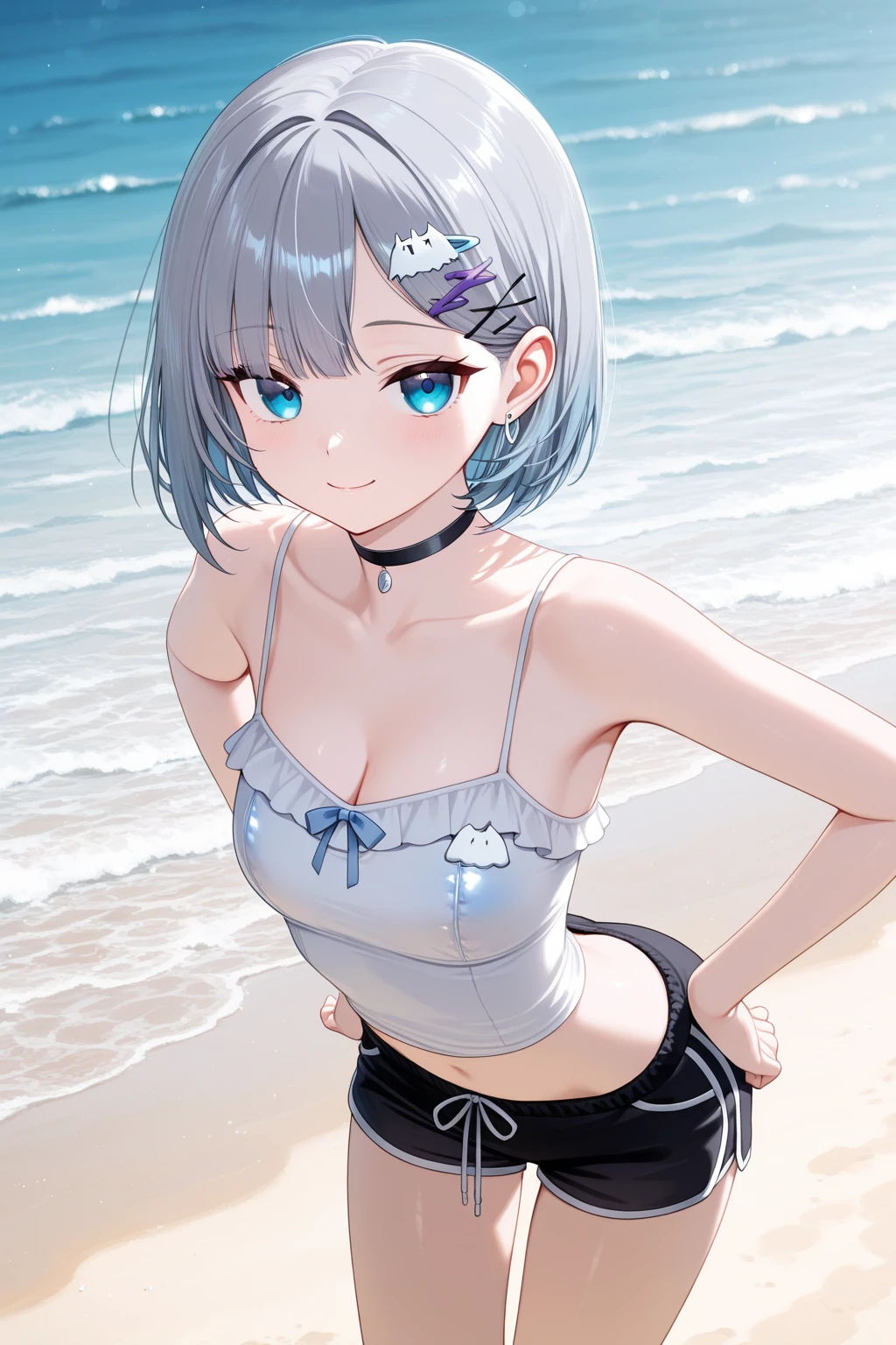 She is a very cute 10 year old girl.、(white t-shirt、mini skirt、)、Ocean、silver blue colored hair、purple eyes、white skin、beautiful skin、(Only the shape of the ?????? is visible)、
