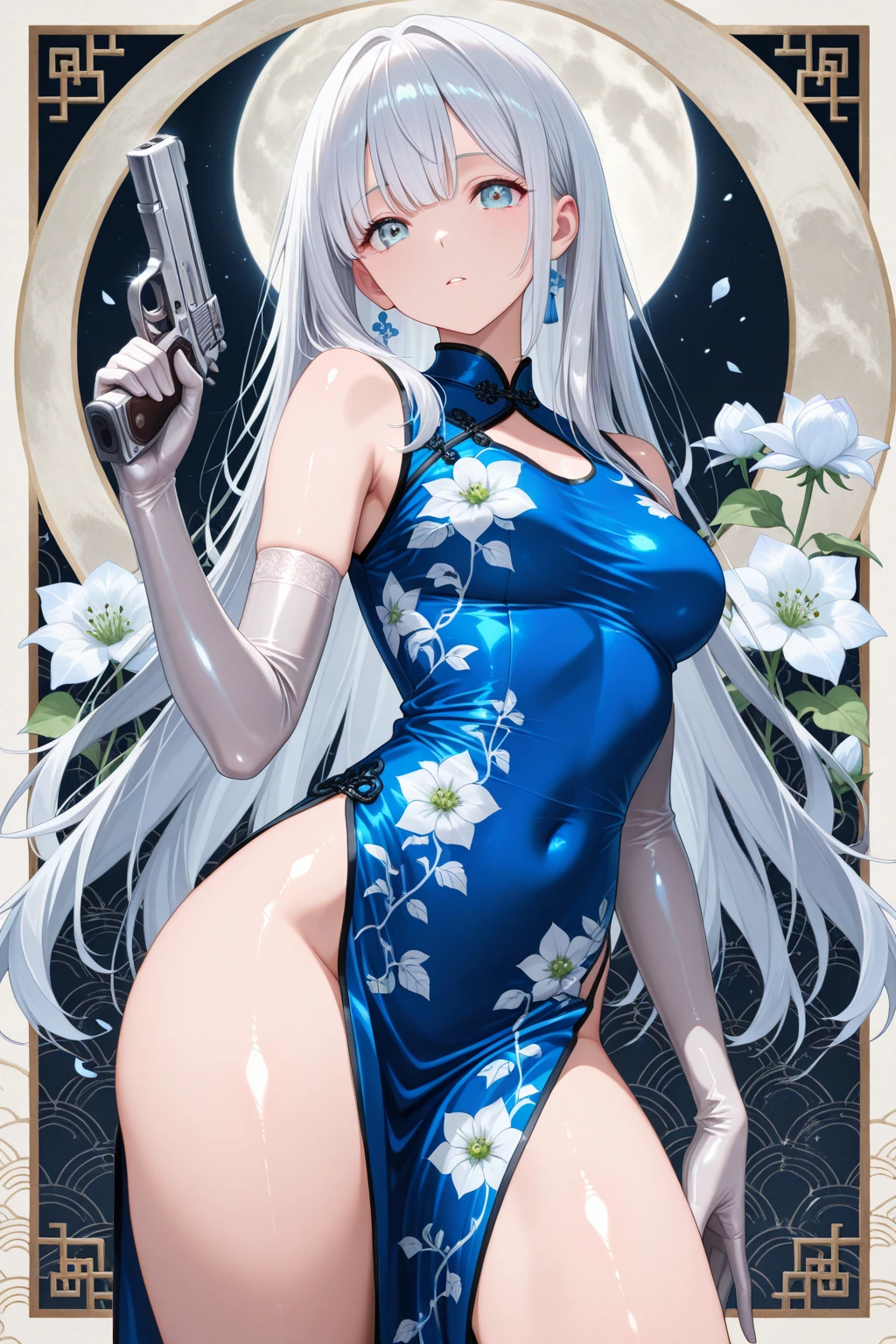 (masterpiece),(Highest quality),(Very detailed),(Best illustrations),(so beautiful), Beautiful Eyes, Perfect Face, Perfect hands, Perfect Fingers, so beautiful長い脚, Thighs, Saggy breasts, Silver Hair, Red eyes, Very long hair, High Ponytail, Blue clothes, China dress, Side slits, Have a weapon, gun, Underarm,