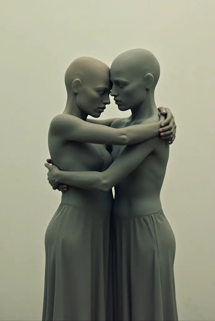 A bald clay man and a clay woman carving each other