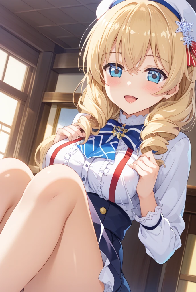 Hanazawa Kana、Plain white with boobs highlightedＴshirt、Ultramarine and white striped quatting and spreading her legs to show her underwear、When she squats down and lifts her skirt, her cute white frilly underwear is visible..、barefoot、library、Three girls of different heights Magical girl with a magic wand