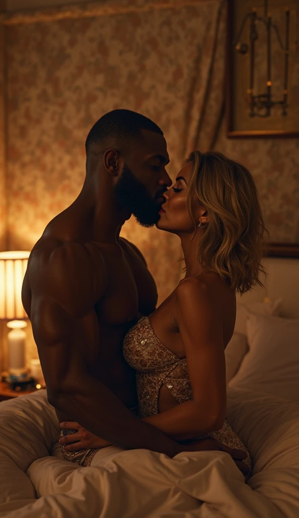 Jana Cova et un bel homme afro-américain dont les traits du visage sont une combinaison de Broderick Hunter + Ray J partage un baiser torride dans une chambre éclairée uniquement aux chandelles. avec une magnifique femme latina