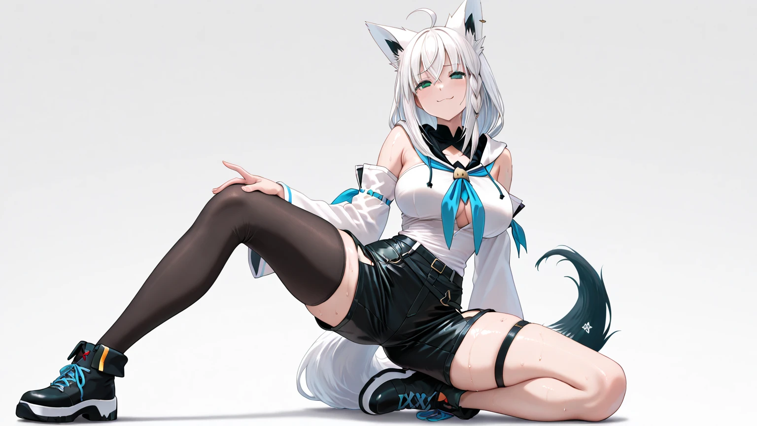 Single boy, Anime Femboy, Short, Long white hair, wolf ears, wolf tail, blue eyes, wearing a cute frilly pink dress, flat chest, super flat chest, wearing thigh high cute socks, wearing combat boots, solo femboy, only one femboy ((FLAT CHEST)) solo, alone, (SOLO)(ALONE) thicc thighs, wide hips, blue eyes, perfect eyes, perfect face, pouty lips, happy, curvy, sparkly blue eyes, has colorful japanese tattoos, trans, crotch bulge, wearing striped panties