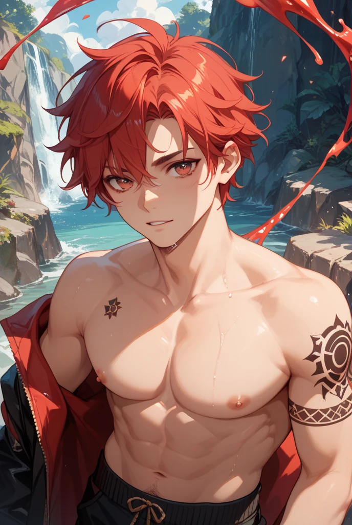 Ultra detailed, HDR, Highres, absurdres, master piece, Eustass ???, red hair, expressive yellow eyes, red lips, without shirt, bare chest, toned chest, One Piece, sexy man, handsome, flowers, petals, fantasy, magical, green leaves, solo, best quality, glittering, sensual, horny, water, beach, handsome smile,