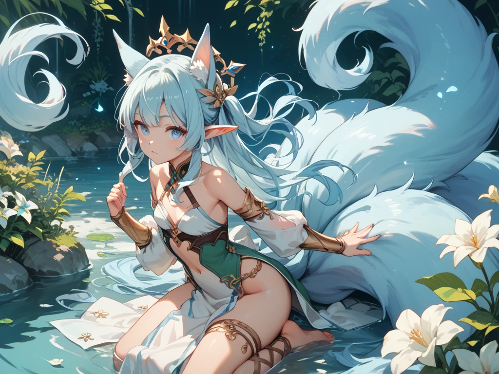 There was a woman in a blue dress sitting on a rock, ahri, Artgerm on ArtStation Pixiv, WLOP and Sakimichan, wlop and rossdraws, WLOP Art, Extremely detailed Artgerm, wlop rossdraws, White Fox Maiden, Guweiz on ArtStation Pixiv, beautiful fantasy art, Fanart Meilleure ArtStation