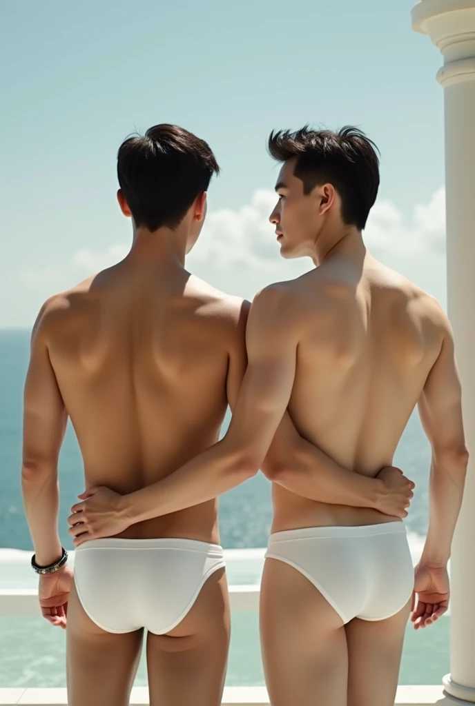 a handsome Young man, Very good figure,cute,short haircut,white skin,Not wearing a shirt ,wearing bikini underware and friends outside on the balcony , they raise their glasses of champagne to the sky.