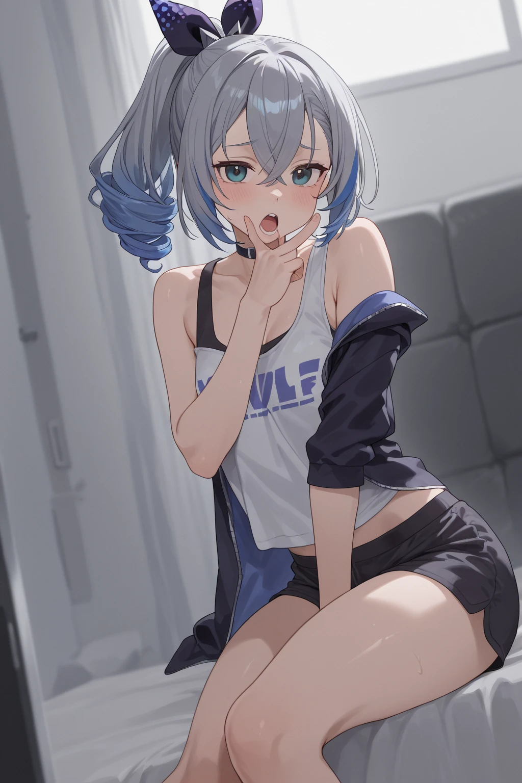 masterpiece, best quality,anime style, 1 girl,(((slender body))), (((small eyes,small breast,breast milk))),(((Jacket, Open your clothes, Open jacket, Blue jacket, Sports Bra,buruma))),(((((a gorilla man grabbing the girl))))),((((cum)))), (beautiful face), (((short hair))), (((straight hair))), ((((silver hair)))),detailed beautiful skin, (perfect hands, perfect anatomy)