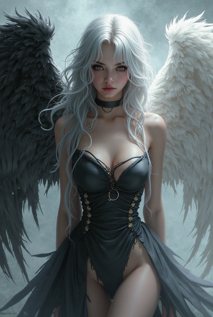 one female winged Angel falling from the sky, ripped and revealing flimsy white dress, loose fitting, see-through, disheveled, gothic style, smoke, seductive, realistic, night, light streaming from sky, short and messy bobbed hair, sweating, dirt-streaked, gazing at camera, wicked smile, small breasts