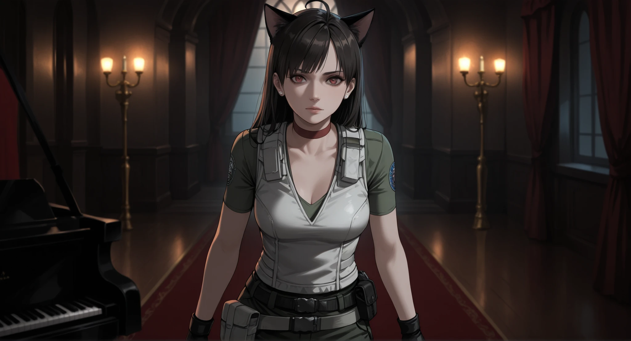Rebecca Chambers from resident evil, masterpiece, best quality, 1girl, solo, rbchm, ((cat girl, cat black ears)), (red eyes), (long hair), (( black hair, (Ahoge), straight bangs,)), , with a black off-shoulder blouse,short black skirt,, stud earrings, red choker, white vest, green shirt, short sleeves, belt, belt pouch, fingerless gloves, black gloves, green pants, cargo pants, upper body, looking at viewer, mansion, dark theme, cara seria, indoors, Elegant colonial room with red carpet and hanging candlesticks and with a black piano near the girl,wooden floor, medium breasts