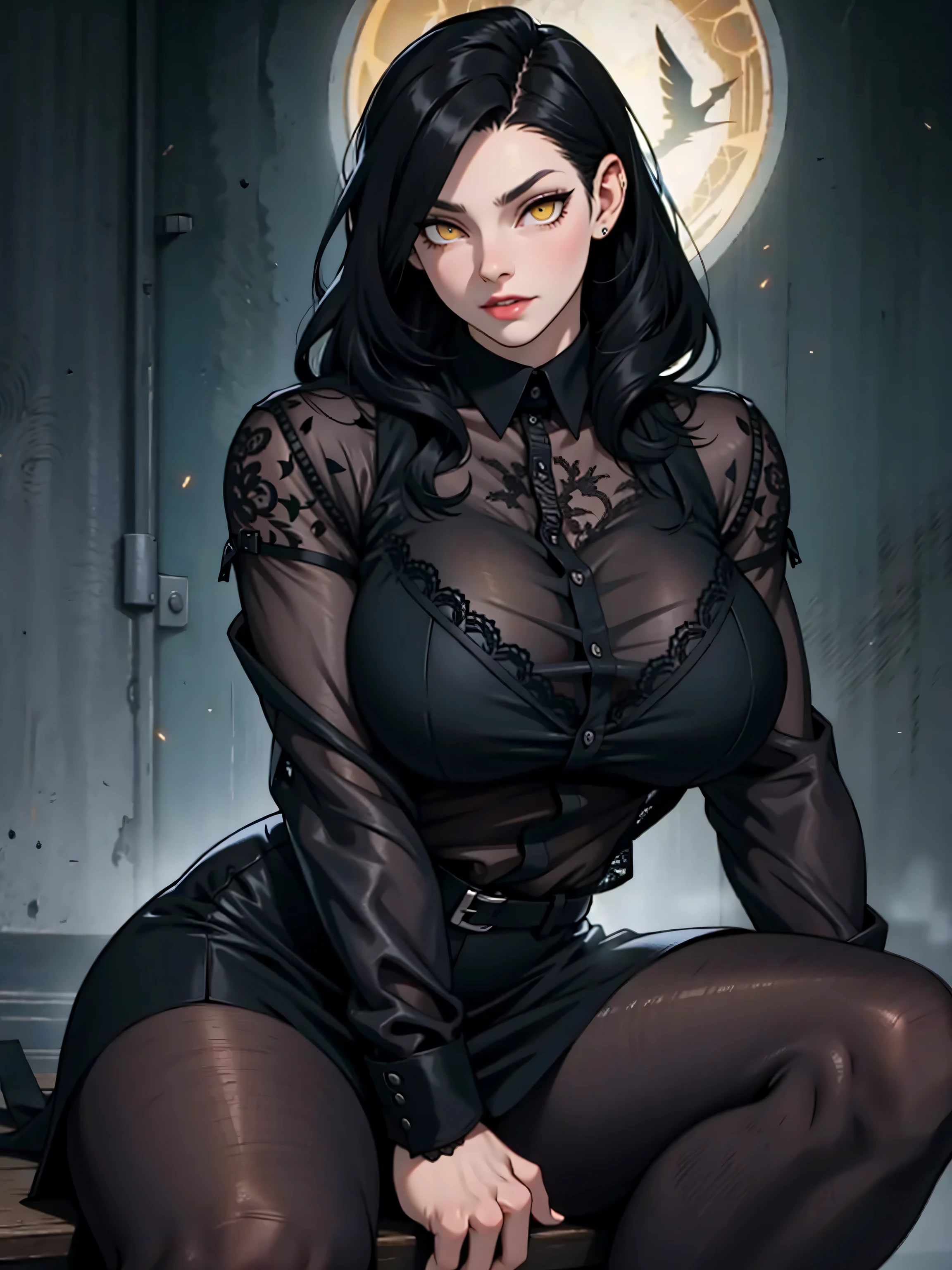 inked, illustration, black hair, hair in eyes, Eyeshadow makeup, black lipstick, of a (sexy) (90s Gothic style:1.2), woman 30year old, pale skin, black hair, hair on eyes, Eyeshadow makeup, black lipstick, black outfit, Black hold-ups, sitting on the floor under the window, closed in room, moon lighting at window,realistic