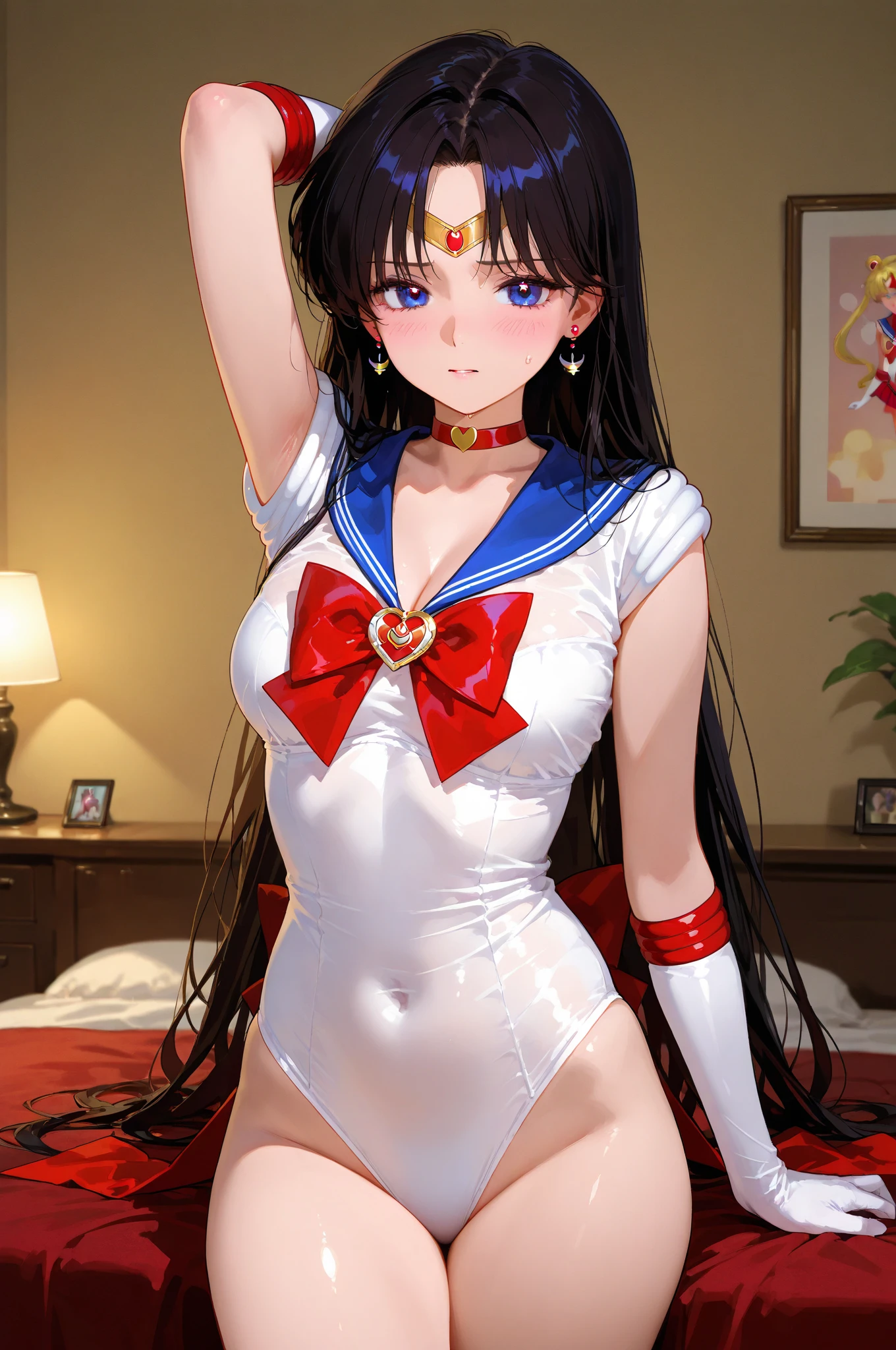 , nsfw, masterpiece, best quality, highres, venus1, 1girl, solo, sailor senshi uniform, rei hino, black hair, magical girl, purple eyes, elbow gloves, (golden tiara),   red sailor collar, choker, purple chest bow, red choker, white gloves, very long hair, jewelry, earrings,red skirt, miniskirt, covered nipples, wet, see-through, frilled red panties, camel toe, skirt, lift, room, bed, standing, <lora:Sailor_Mars_hino_rei-01:0.6>, Sailor Mars, blush, angry, crying, clenched teeth, red high heels,looking at viewer