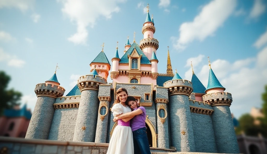 two children standing next to each other while having fun, Disneyland, Disneyland, Disneyland as backdrop, dream world, kissing together cutely, background is Disneyland castle, profile picture, Disney 8 K photo, profile picture, Theme Park, Disneyland background, photo taken in 2 0 2 0, kissing together, smile at each other, kisses are wordless spells
