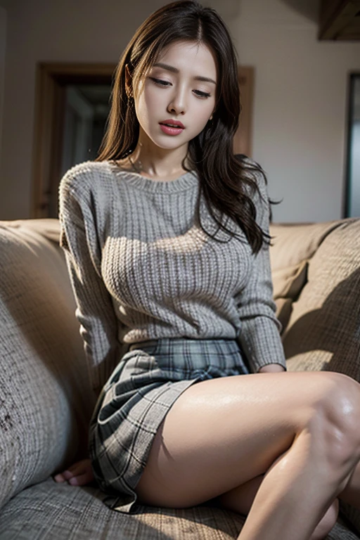 (Tabletop,8k,Highest quality,masterpiece),(Photorealistic,Raw photo,Super Fine Clear),Realistic Light, Detailed skin,Beautiful Japanese Women,1 Female,Brown knitwear,Tight mini skirt,White panties, Stand on your knees and open your legs,Detailed eyes,Detailed fingers,Clatter toes,Big Hips、Large bust,Sexual,Expressions of Ecstasy,Masturbation,Remote Control Vibrator,Close ~ eyes,office,By the window