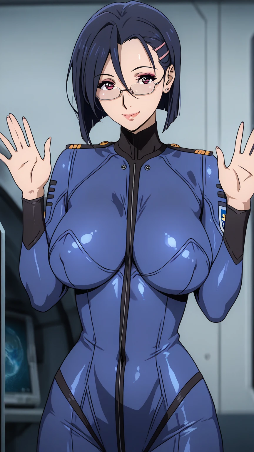 (cowboy shot:1.4),anime,(masterpiece:1.4),Portraiture, Realistic, blue eyes,(Perfect female body:1.4),(curve,model,glamorous:1.4),(Browsing Caution,nude:1.3),(thin:1.4),(short hair:1.3),(See-through:1.3),(Through the nipples:1.3),(Shiny, oily skin),(arm behind head:1.3),(clavicle,head),(Beautiful breasts:1.4),(Large Breasts:1.4),(Dark blue hair:1.4),(Bright colors:1.4),(Rimless Glasses),(Shoulder length:1.4),(Turning away:1.4),(24-years-old),8K resolution, High quality CG, Beautiful CG,(slim:1.4),Soft Light,(smile:1.3),Ultra-high resolution,Highly detailed CG Unity 8k wallpaper,(美的animeの目:1.3),(Inside the spaceship:1.3),bed,(See-through:1.3),
